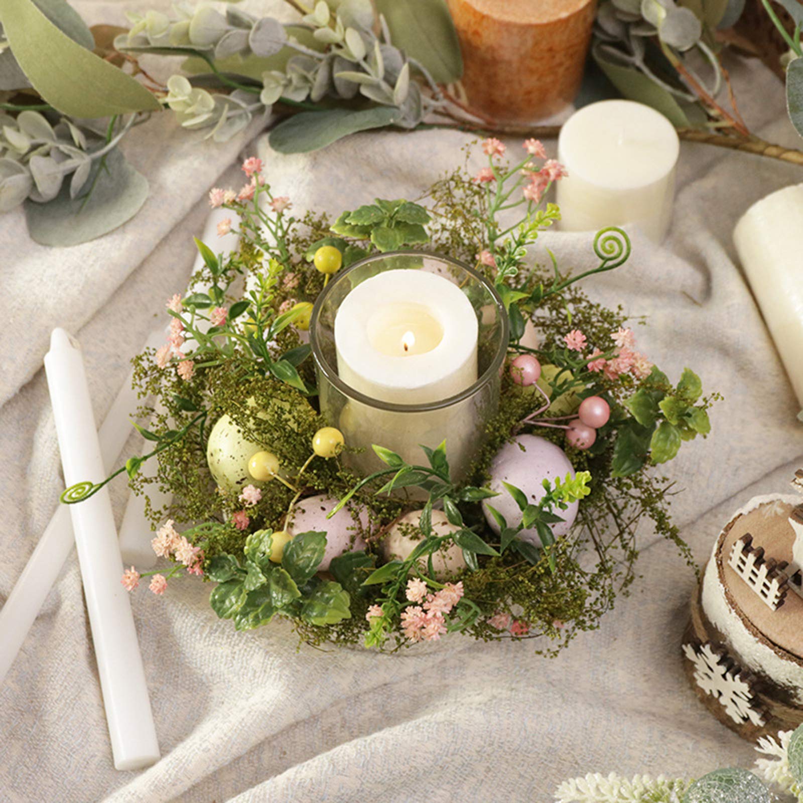 Easter Candle Holder - Creative Easter Egg Glass Candle Holder with Pastel Eggs, Ferns and Mixed Flowers - Spring Table Centerpiece for Easter Decorations, Home Party, and Holiday Dining
