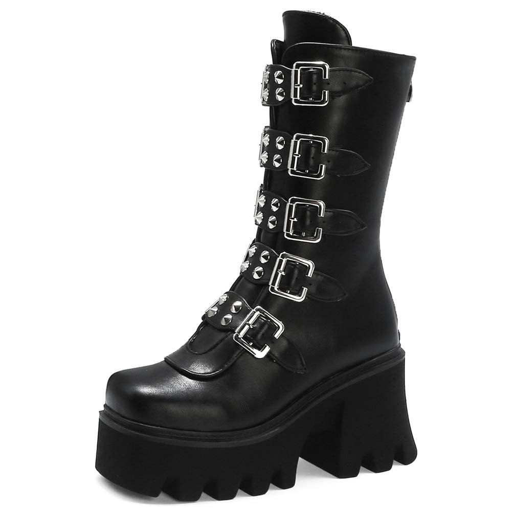 CYNLLIO Women's Fashion Block Heel Platform Combat Ankle Boots - Lace Up Studded Motorcycle Boots for Casual Wear, Night Out & Street Style