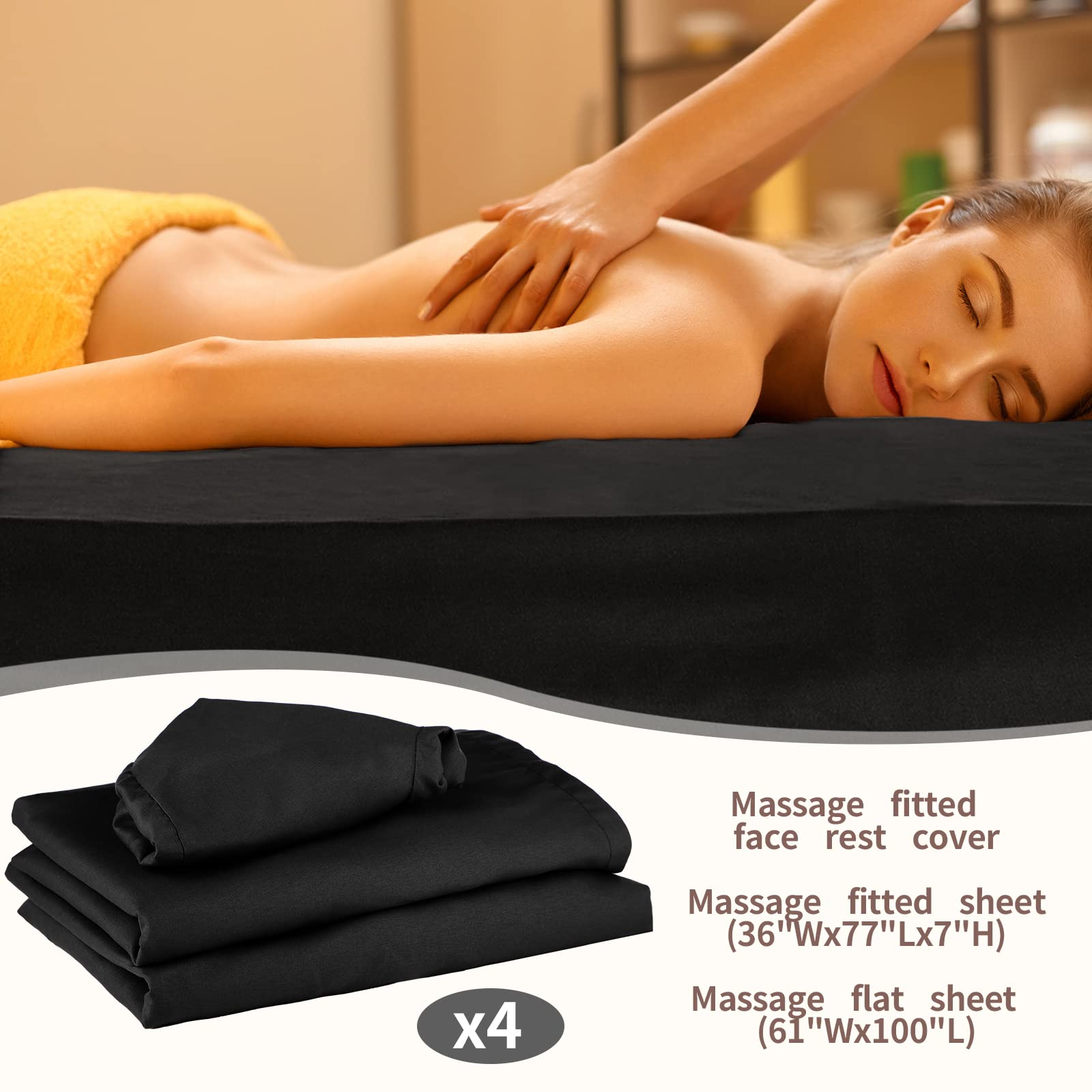 Oudain 4 Sets 3 Piece Soft Microfiber Massage Table Sheets Set - Includes Flat Sheet, Fitted Sheet & Face Rest Cover (Black) | Professional Spa, Massage Therapy & Salon Use