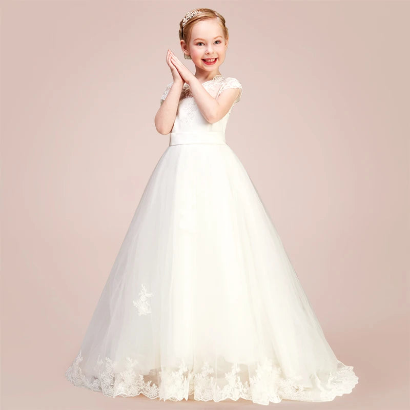 White Princess Tulle Lace Junior Dress for Girls - Short Sleeve Flower Girl Dress for Weddings, Parties & Special Occasions | Perfect for Birthday Celebrations, Pageants & Formal Events