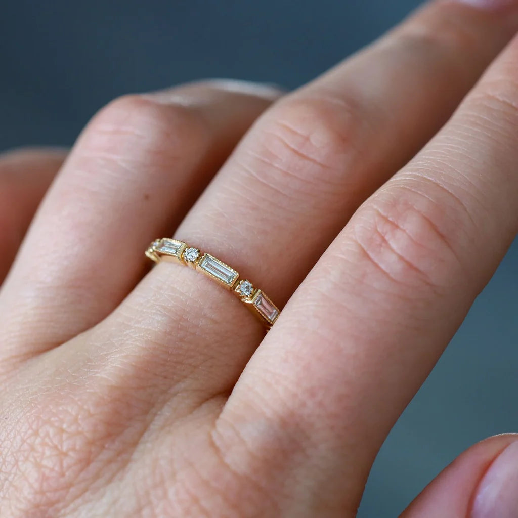 Lucy Baguette and Round Diamond Wedding Band Ring - Elegant Stackable Bridal Jewelry for Engagement, Anniversary & Everyday Wear
