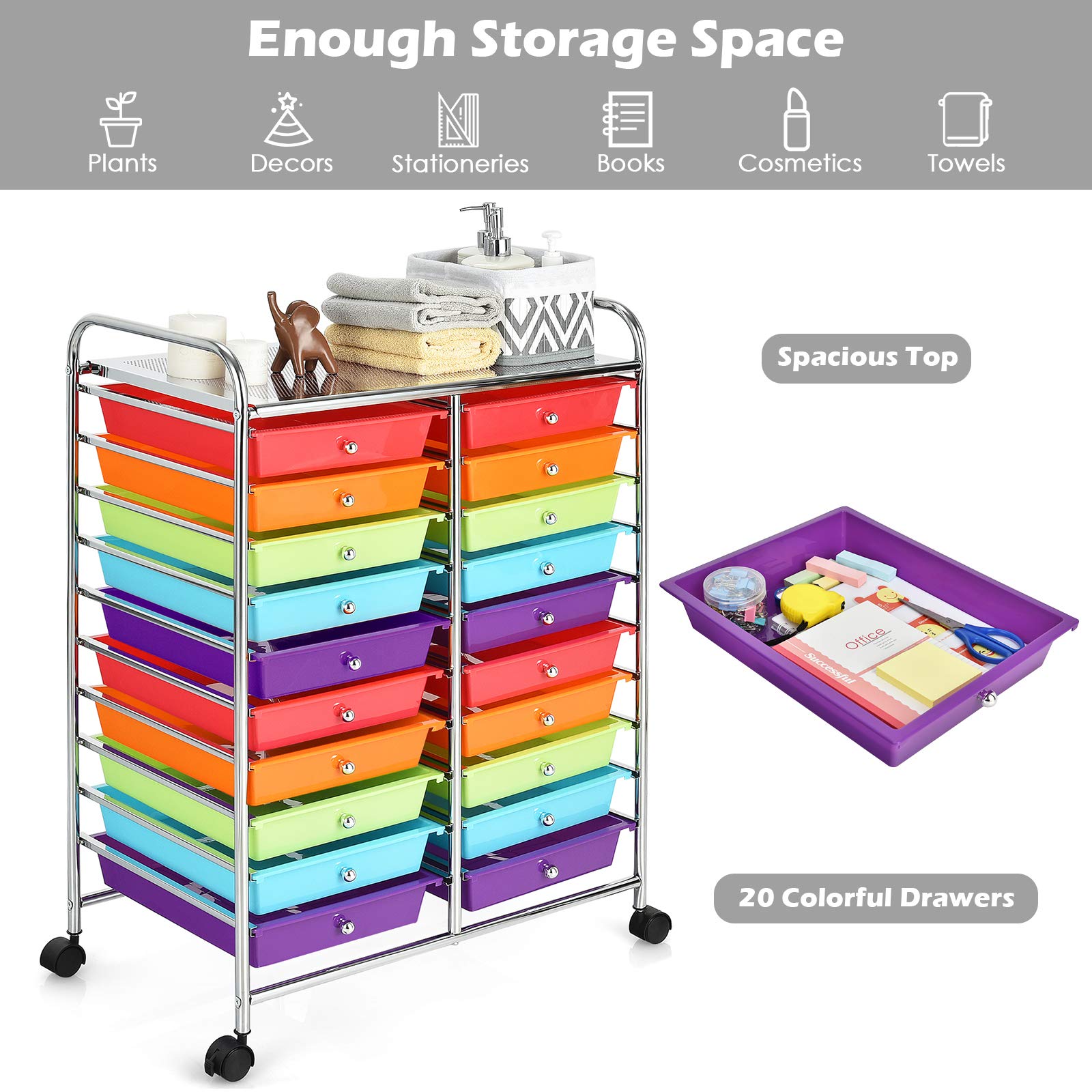 20-Drawer Rolling Storage Cart with Removable Drawers - Heavy Duty Metal Frame Mobile Utility Organizer for Art Supplies, Office, Classroom & Home Use - Perfect for Craft Rooms, Teacher Supplies & Closet Organization (Multicolor)