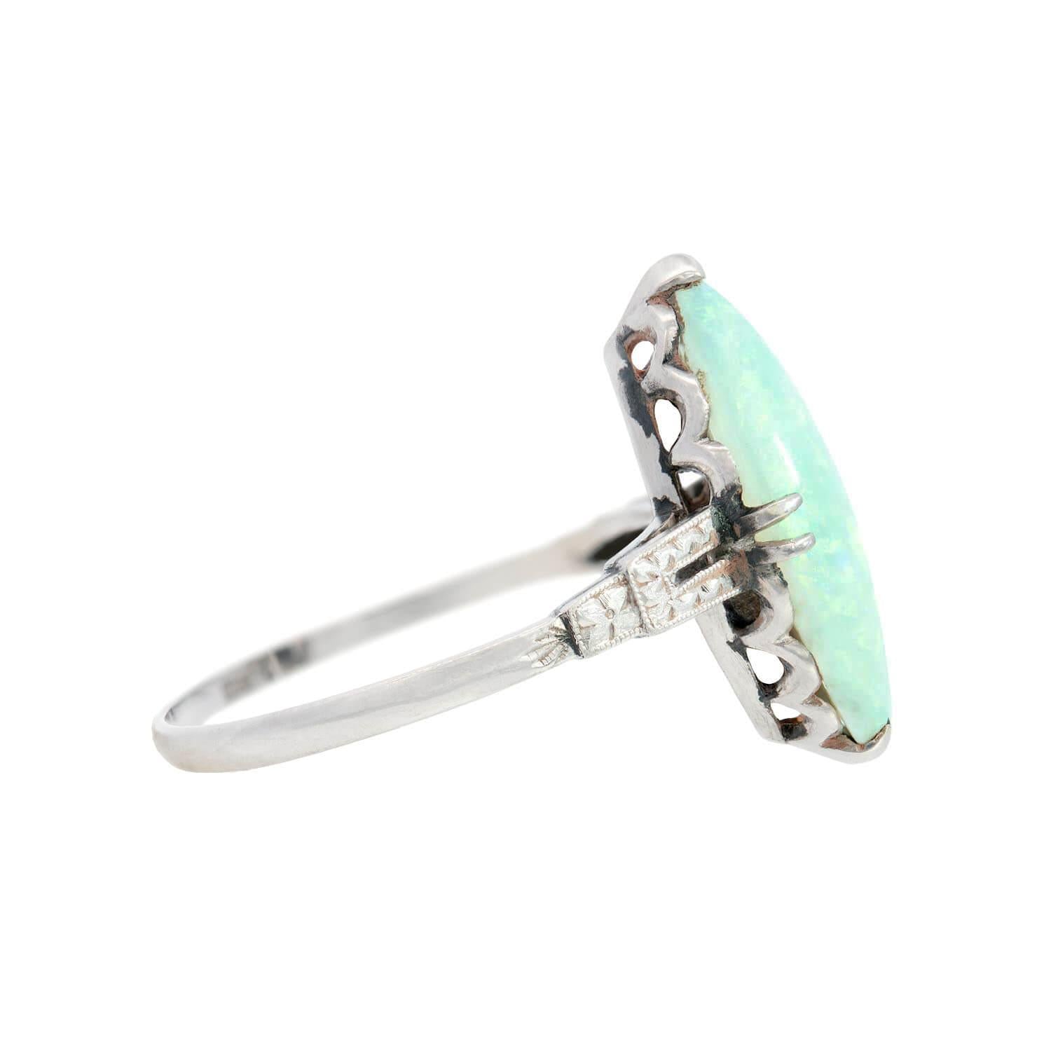 Exquisite Edwardian Platinum Marquise Cut Opal Ring - Vintage Inspired Jewelry for Weddings, Anniversaries & Special Occasions