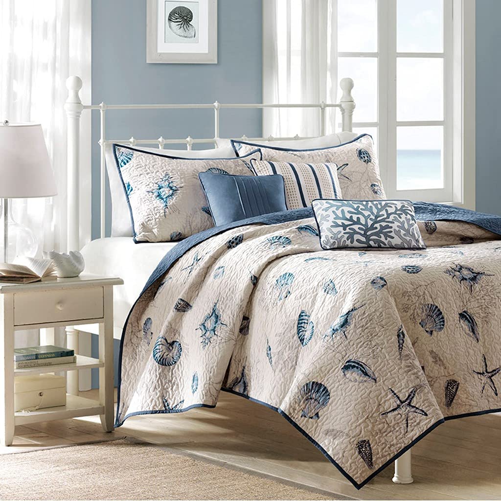 Navy & Beige Seashell Beach House Nautical Full/Queen Quilt Set with Shams & Toss Pillows - 6 Piece Coastal Bedding Collection for Beachfront Homes, Vacation Rentals & Nautical Themed Bedrooms