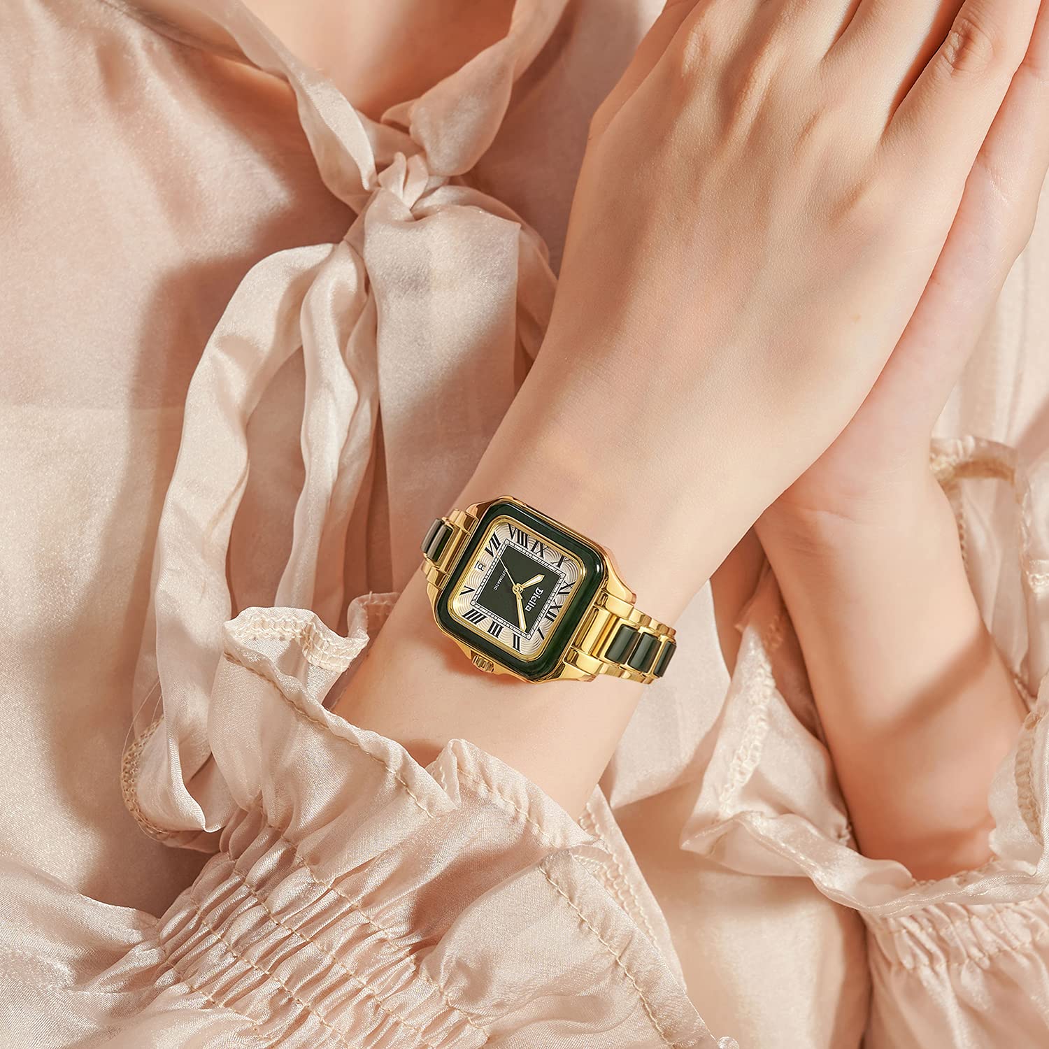 Diella Rectangle Automatic Wrist Watch for Men & Women - Luxury Jade Dial, Stainless Steel Band, Water Resistant | Perfect for Business, Formal Events & Everyday Wear