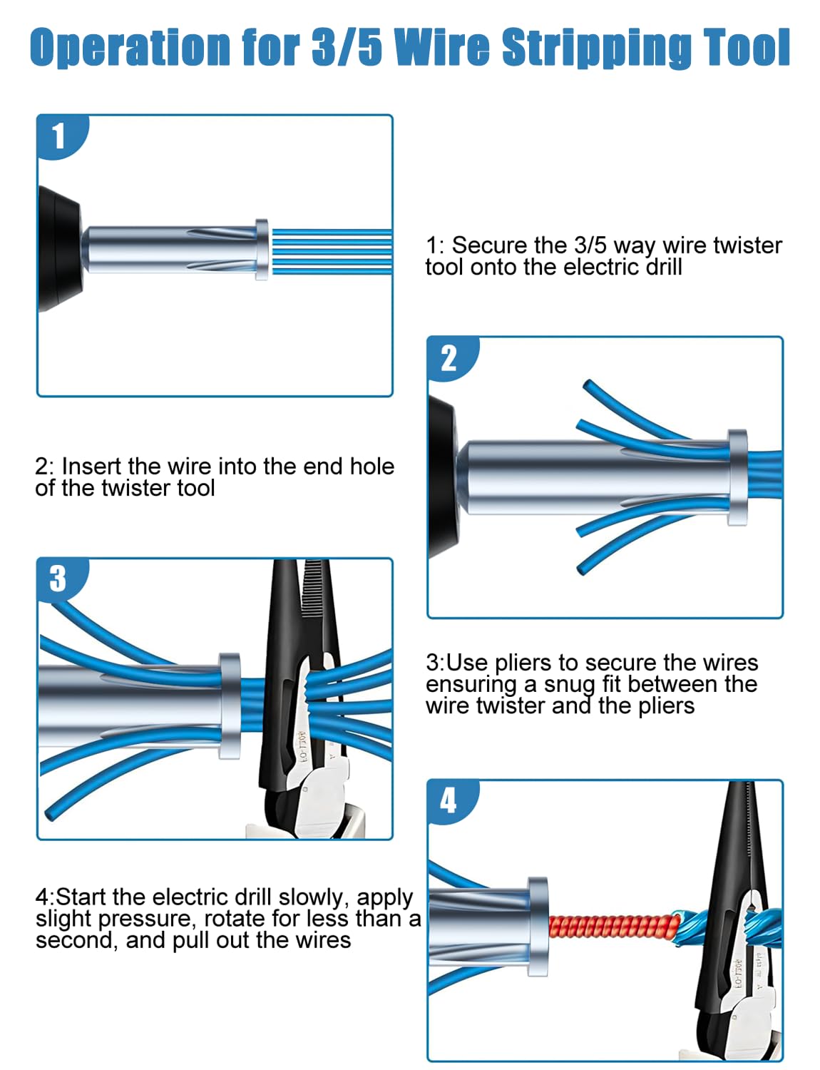 3-Way & 5-Way Drill-Powered Wire Stripper and Twister Tool Set - Electrical Wire Stripping & Nut Twisting Bits for Power Drills (3-Piece) - Perfect for Electricians, DIY Home Wiring & Electrical Projects