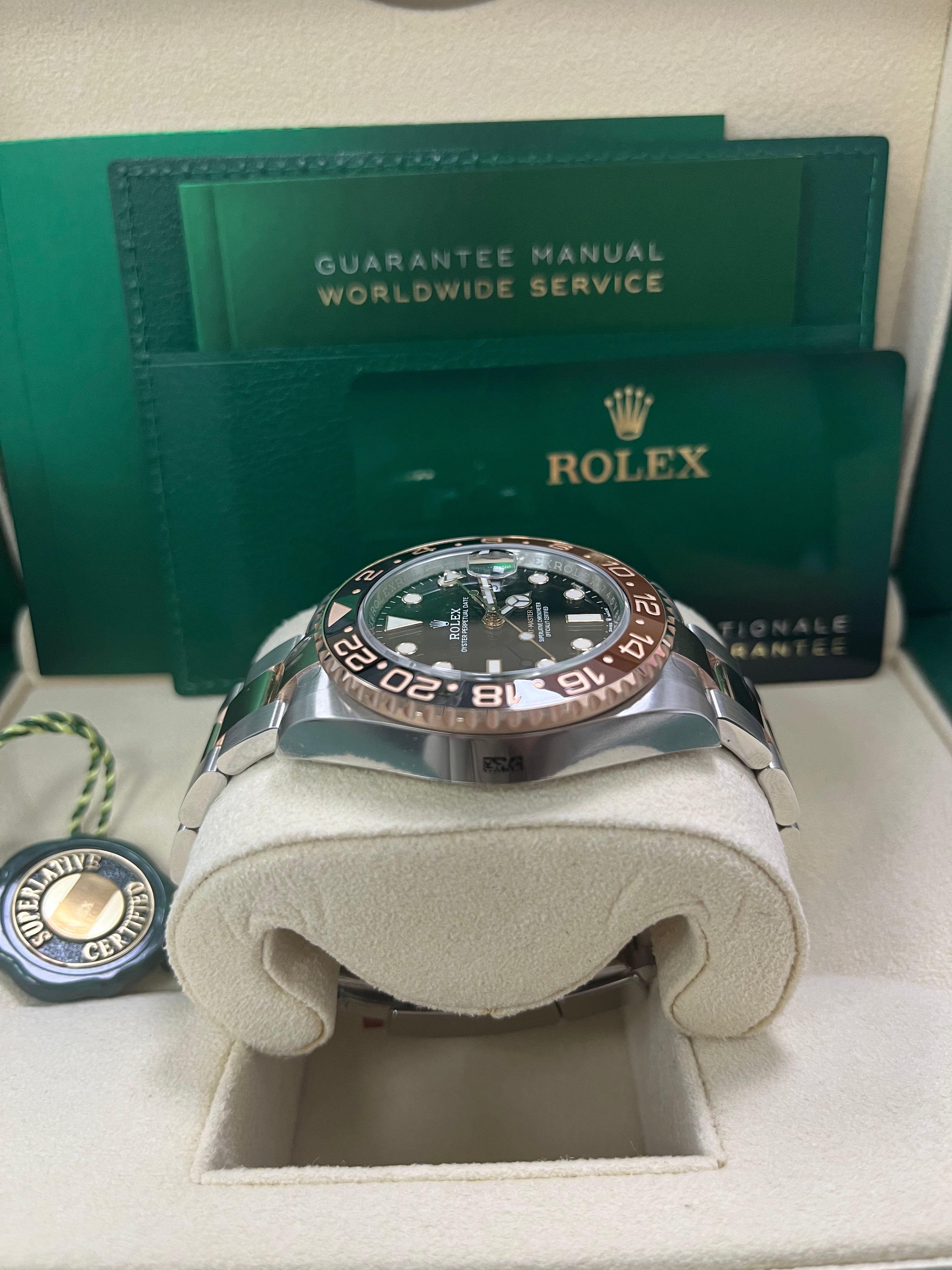 Rolex GMT Master II Two Tone Stainless Steel & Rose Gold Watch - Rootbeer Black/Brown Bezel, Oyster Bracelet (Ref#126711CHNR) | Luxury Men's Watch for Business Travel & Formal Occasions