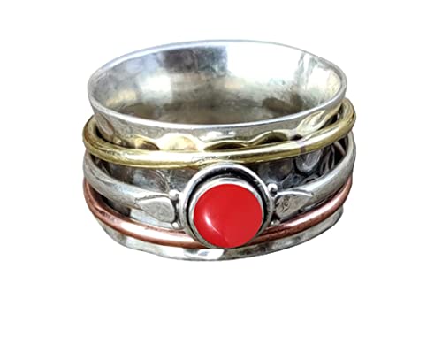 Handmade Coral Gemstone Spinner Ring for Women - Silver Meditation & Anxiety Relief Spinning Band - Elegant Statement Jewelry for Stress Relief, Mindfulness Practice, and Everyday Fashion Accessory