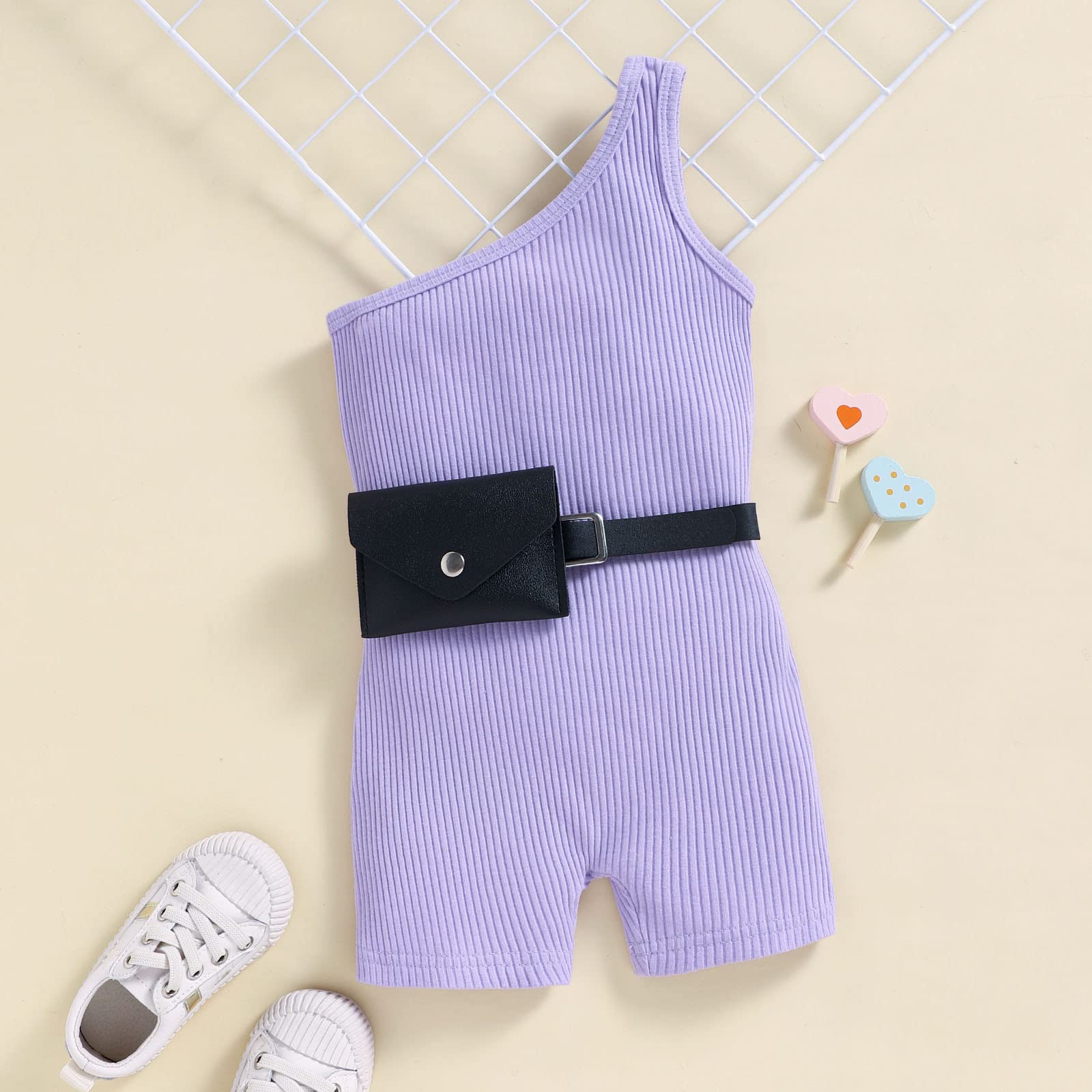 Baby Girl Romper Summer Outfit - Sleeveless Ribbed Off-Shoulder Jumpsuit with Adjustable Waist Belt (6-24 Months) | Perfect for Beach, Park & Family Photos