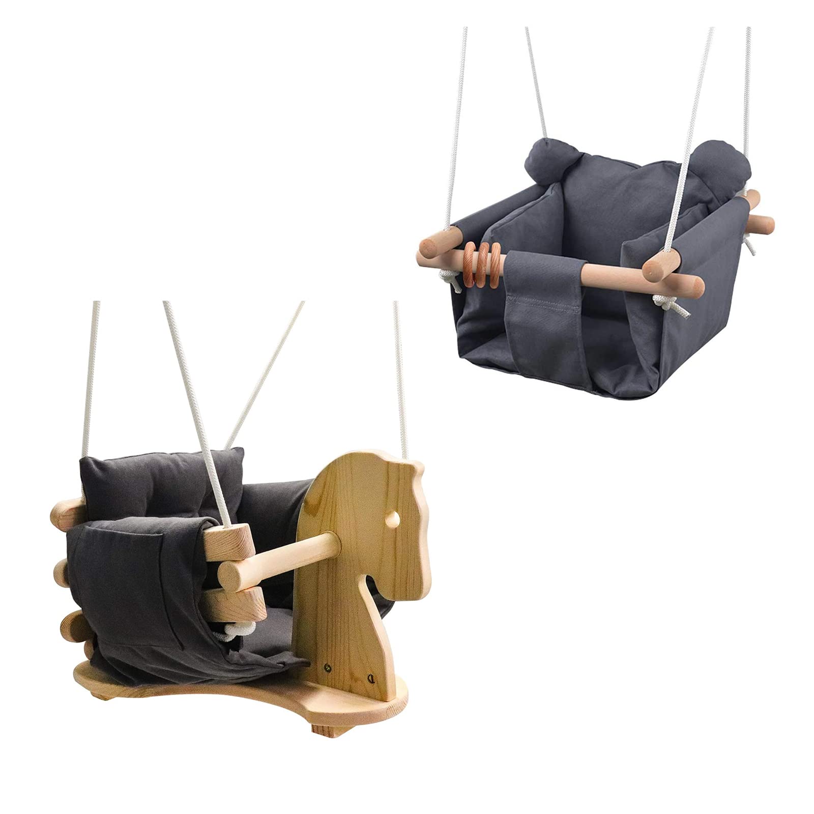 Baby Canvas Hanging Swing Seat with Safety Straps - Wooden Horse Swing for Toddlers - Indoor & Outdoor Hammock Toy for Kids (Grey) - Perfect for Nursery, Backyard, and Playroom Fun
