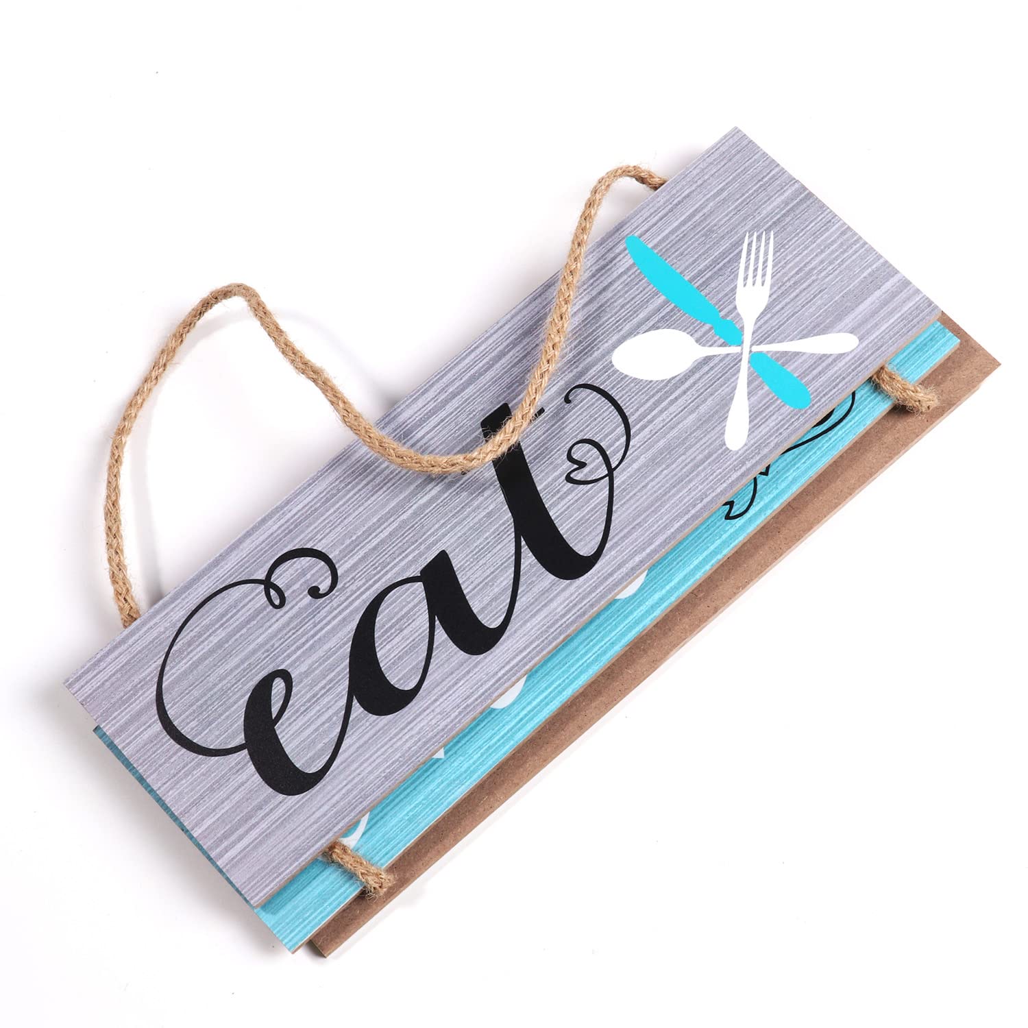 Kersiki 3-Piece Wooden Kitchen Wall Decor Set - Rustic 'Eat Drink Love' Hanging Signs for Farmhouse, Home, Kitchen, Dining Room, Living Room & Cafe - Blue and Grey - Perfect for Country Style Kitchens & Coffee Shop Decor