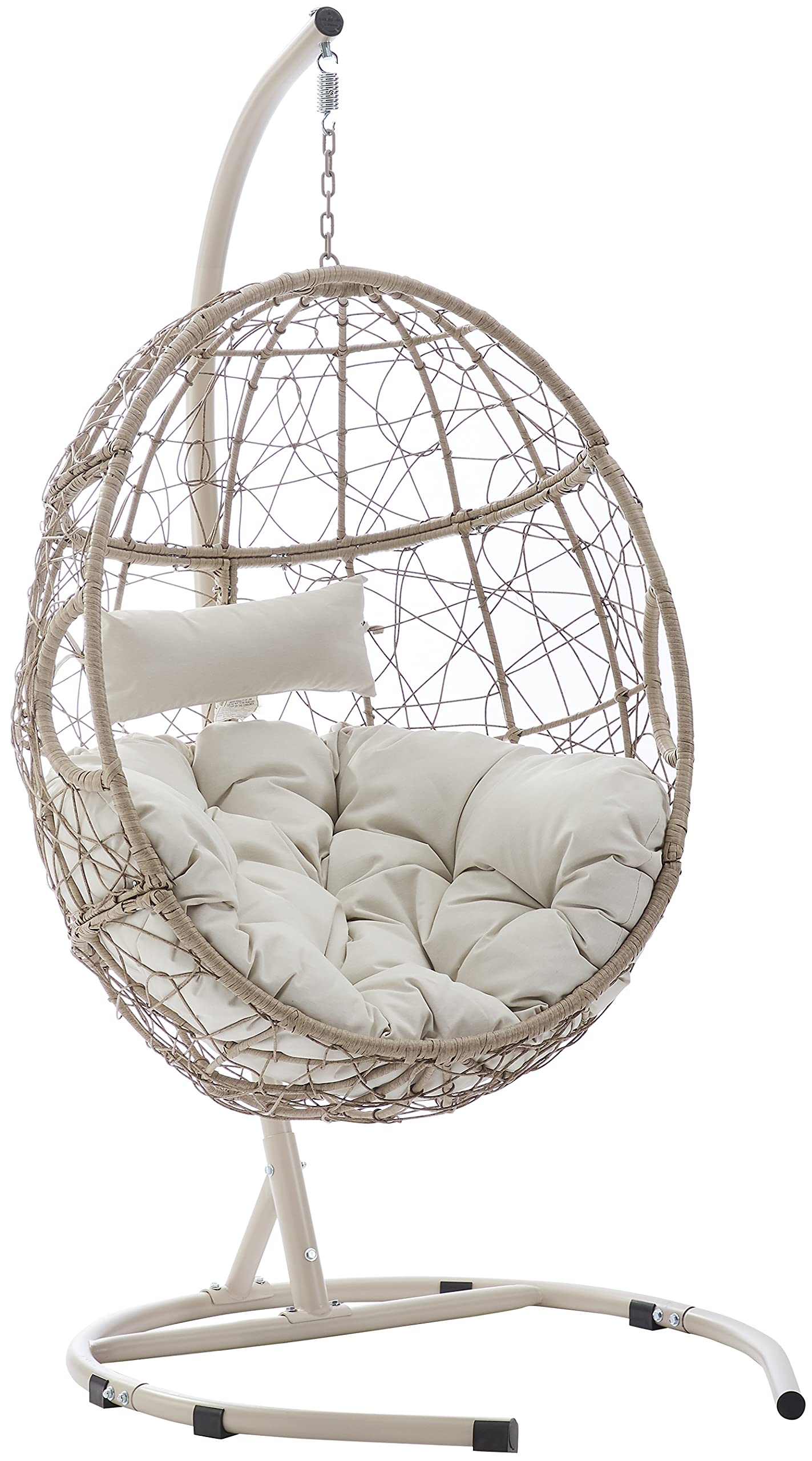Crosley Cleo Wicker Hanging Egg Chair with Stand - Indoor/Outdoor Patio Swing Chair with Sand Cushions - Light Brown Rattan Hanging Chair for Porch, Deck, Garden & Backyard Relaxation