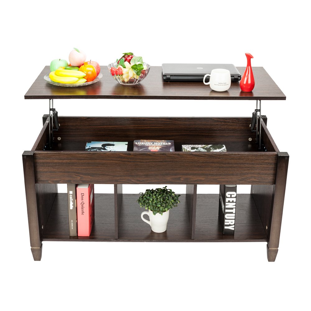 Adjustable Lift Top Coffee Table with Hidden Storage - Modern Wooden Lift-Top Coffee Table with Lower Shelf for Living Room, Office, or Dorm - Espresso Brown Finish for Stylish Home Decor