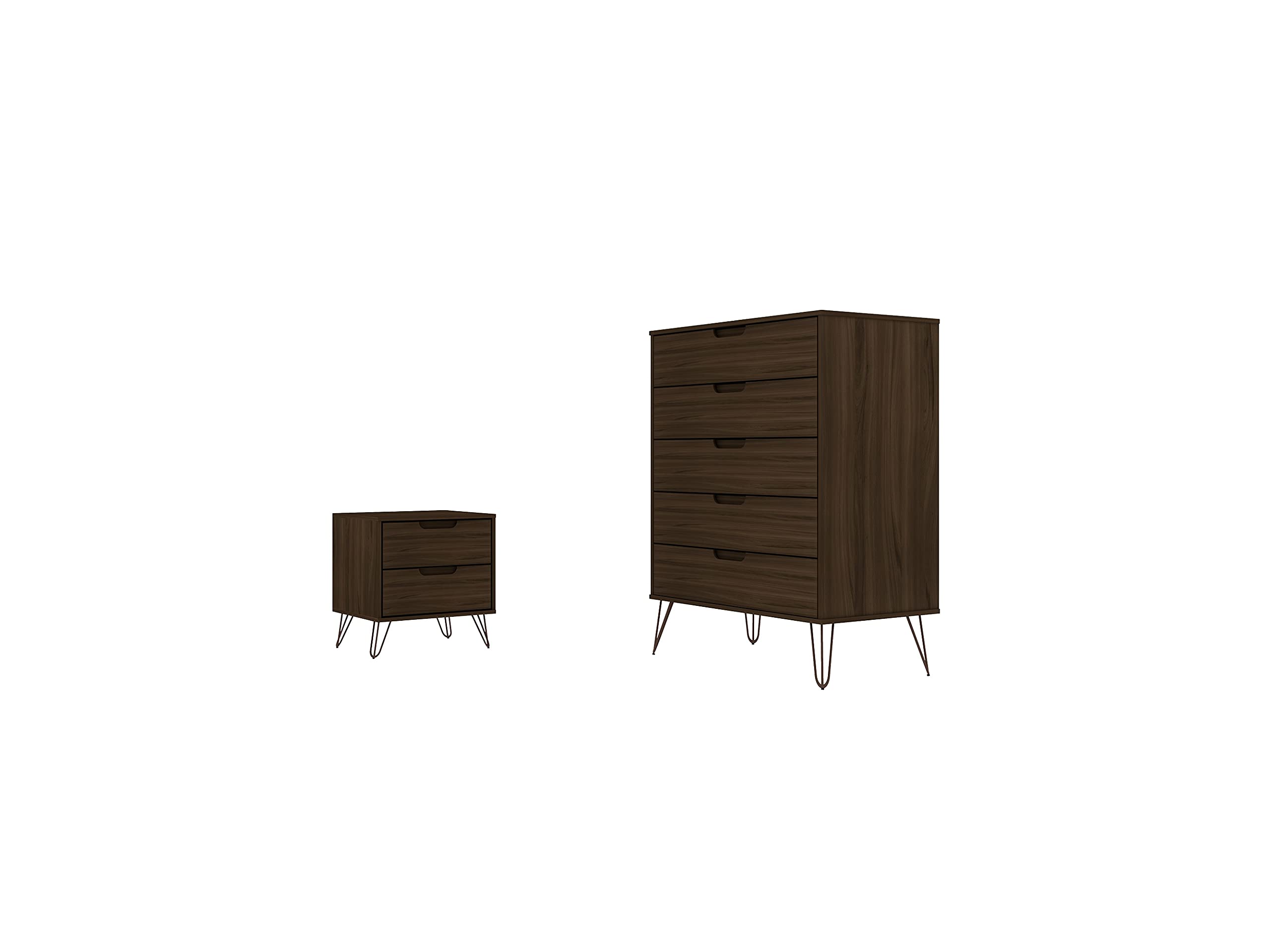 Mid Century Modern 5-Drawer Dresser and Nightstand Set - Manhattan Comfort Rockefeller 2-Piece Bedroom Furniture in Brown | Perfect for Master Bedroom, Guest Room & Apartment Storage