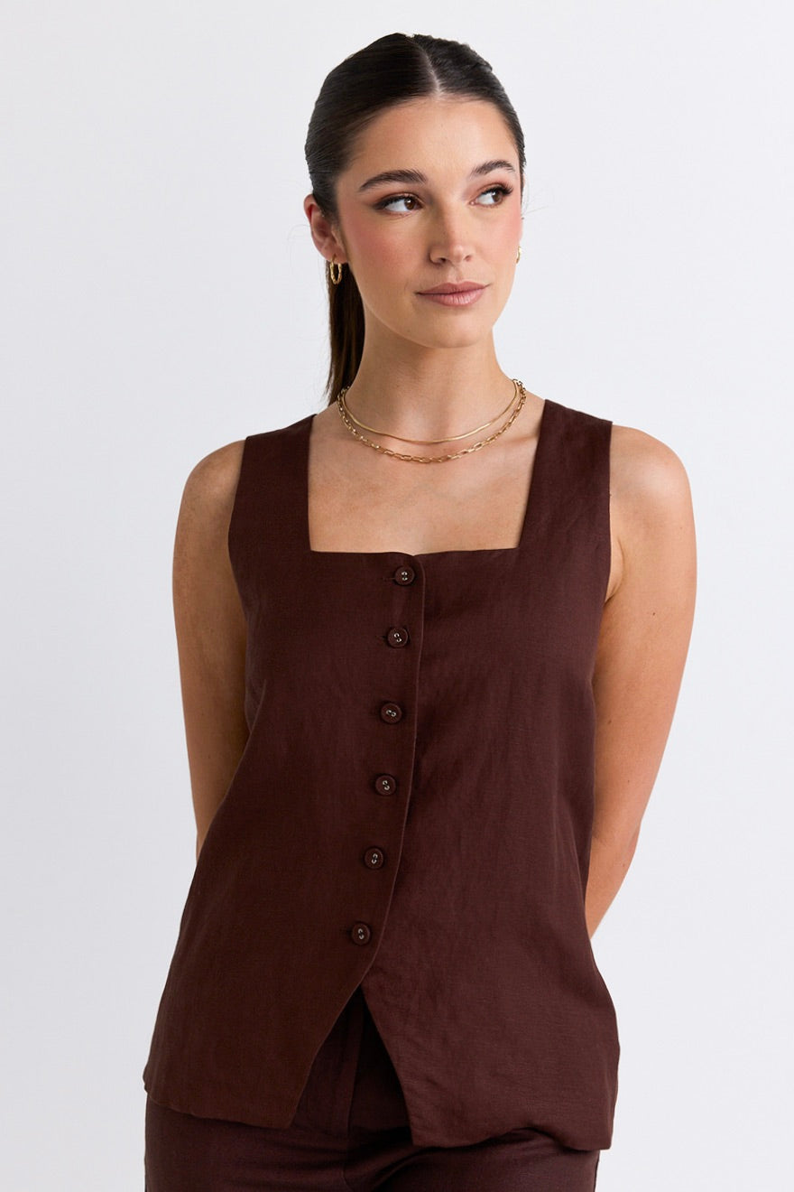 Coastal Chocolate Linen Longline Crew Vest for Women - Lightweight Summer Layering Piece for Beach Outfits & Casual Wear