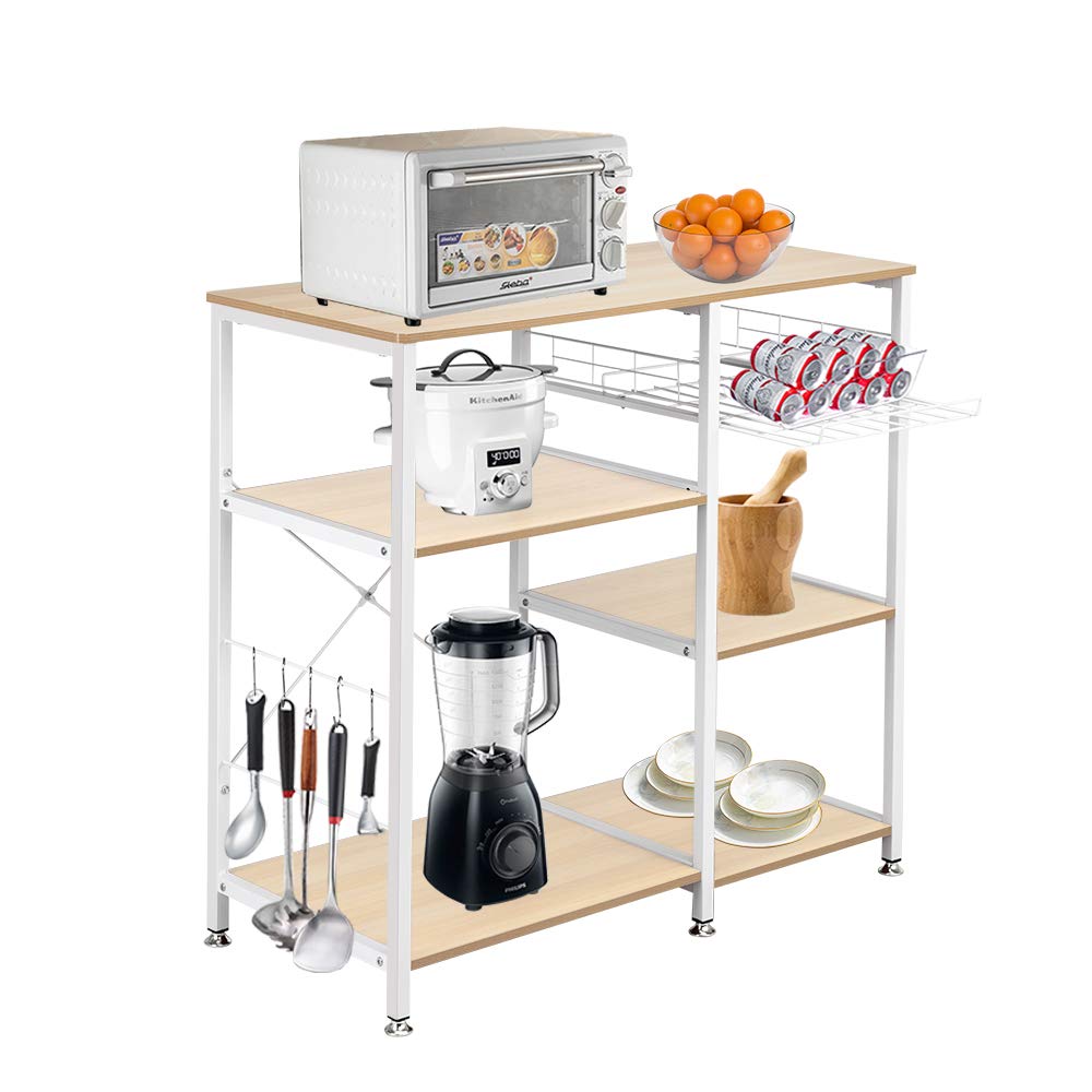 3-Tier White Oak Microwave Oven Stand with Storage Basket & Hooks - Industrial Kitchen Cart for Baker's Rack, Workstation Shelf & Utility Storage - Perfect for Small Kitchens, Apartments & Dorm Rooms