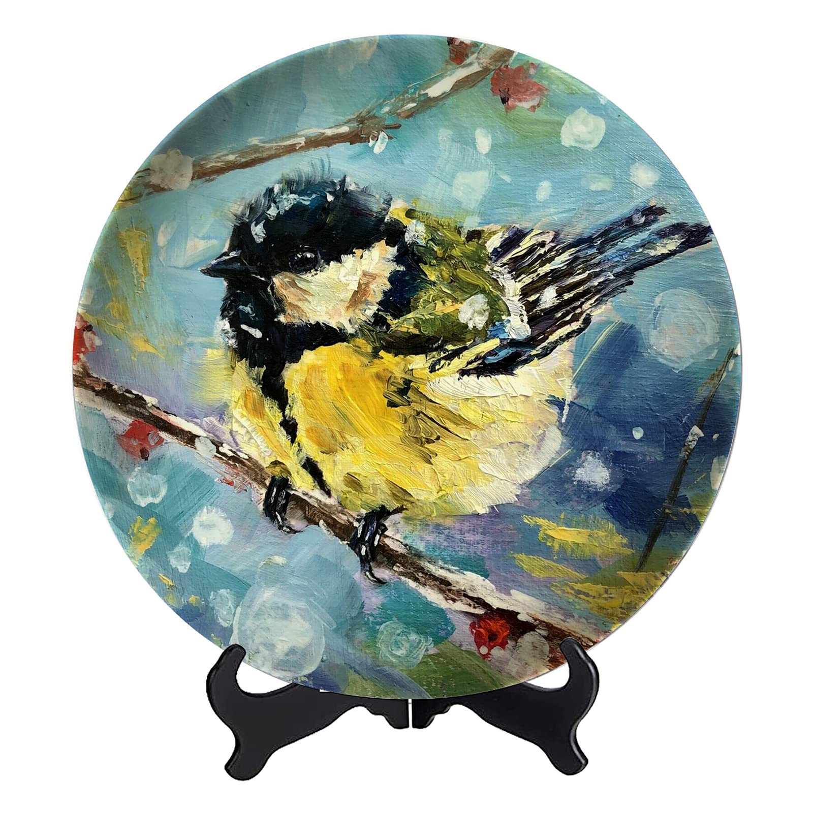 Kalen Great Tit Decorative Plate - 6 Inch Porcelain Home Decor with Display Stand | Elegant Tableware for Dining Room, Office Desk & Wall Display