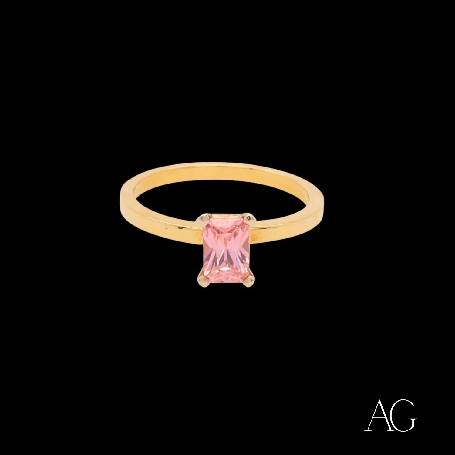 18K Gold CZ Pink Rectangular Ring for Women - Elegant Cubic Zirconia Engagement, Wedding, Anniversary Jewelry Gift