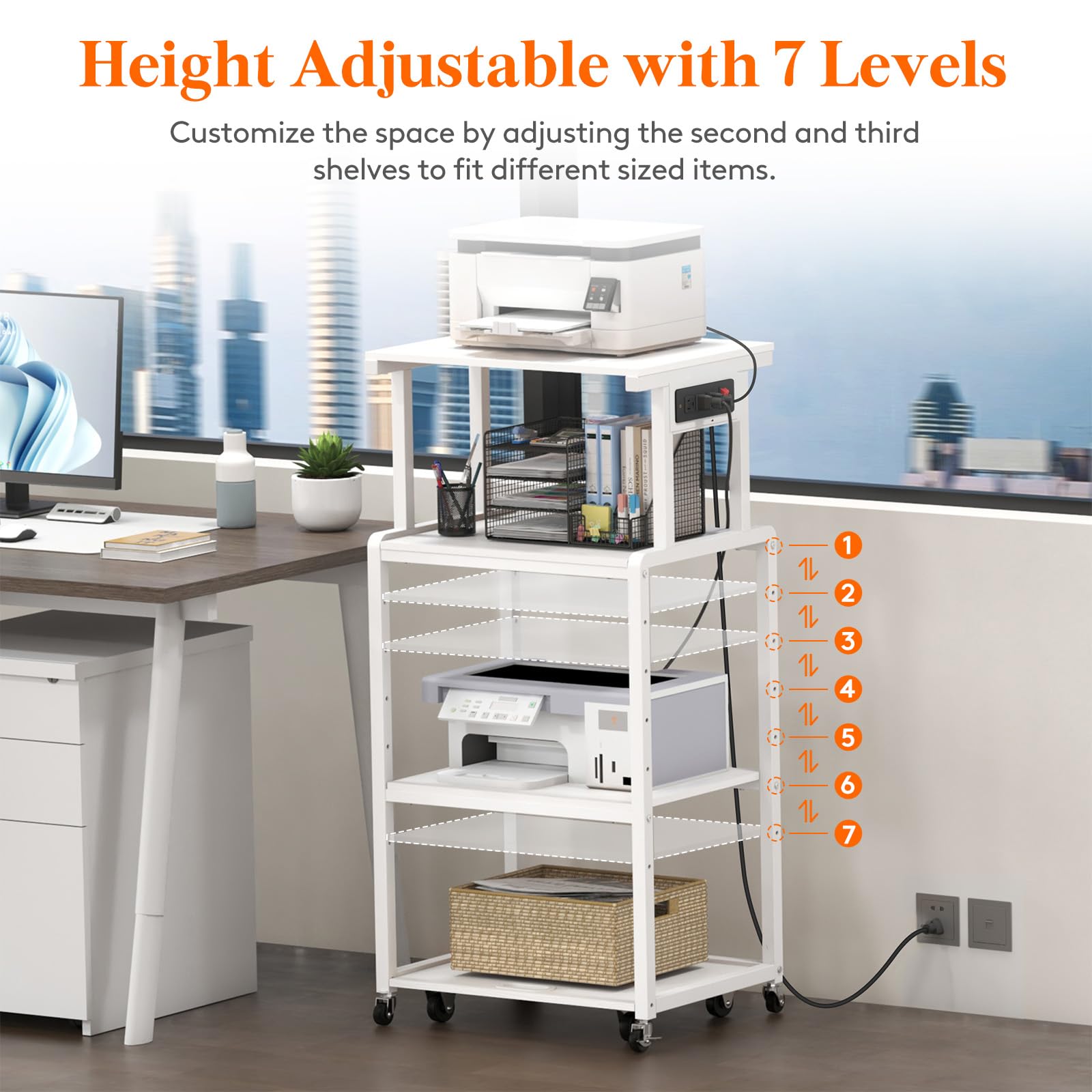 Lifewit 4 Tier Rolling Printer Stand with Wheels, 3 Power Outlets & Adjustable Shelves - Mobile Office Cart for Printer, Scanner, Shredder, Fax Machine - Perfect for Home Office Organization & Workspace Storage (White)