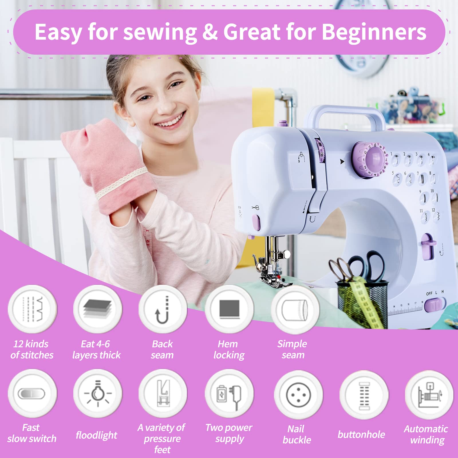 Mini Sewing Machine for Beginners & Kids - 12 Stitches with Accessories for Home DIY Projects