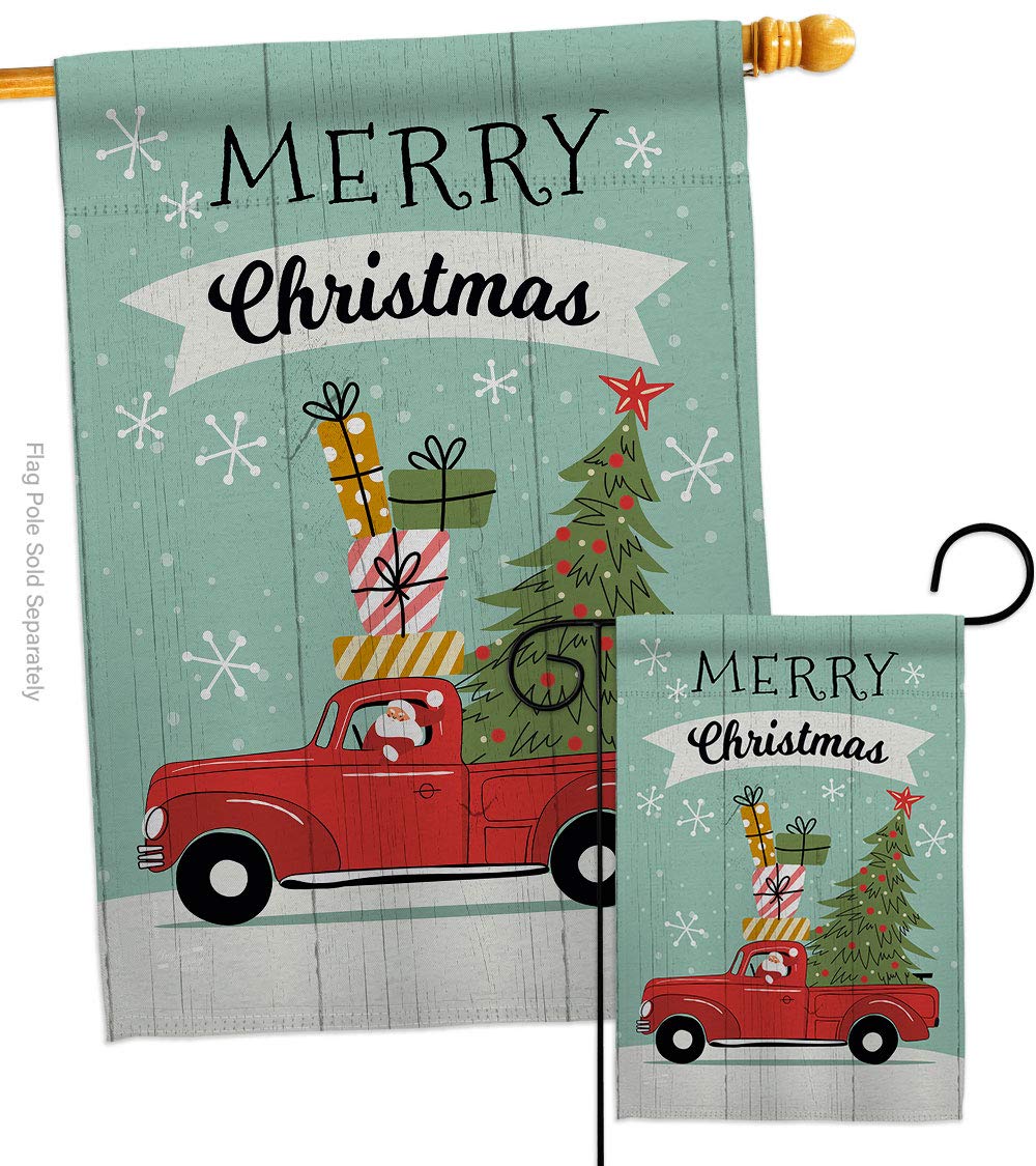 Santa Red Truck Winter Christmas Garden Flag Set - 28x40 Inch Holiday Yard Banner with Reindeer & Snow Design - Made in USA - Perfect for Outdoor Decor, Front Porch, and Seasonal Celebrations