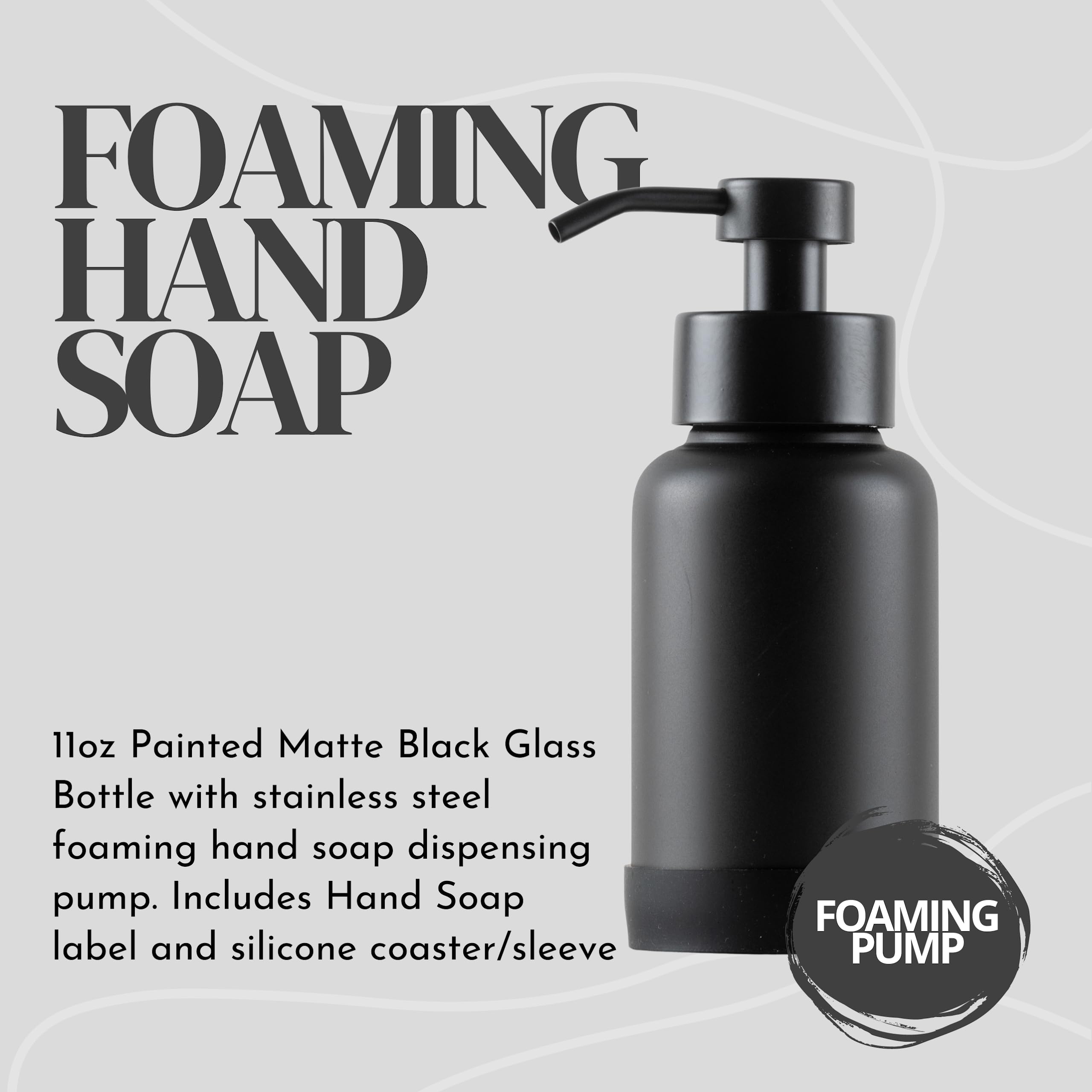 Premium Black Glass Foaming Hand Soap Dispenser - 11oz Matte Finish with Bonus Labels & Silicone Coaster - Elegant Bathroom & Kitchen Soap Pump for Home, Office, and Guest Washrooms