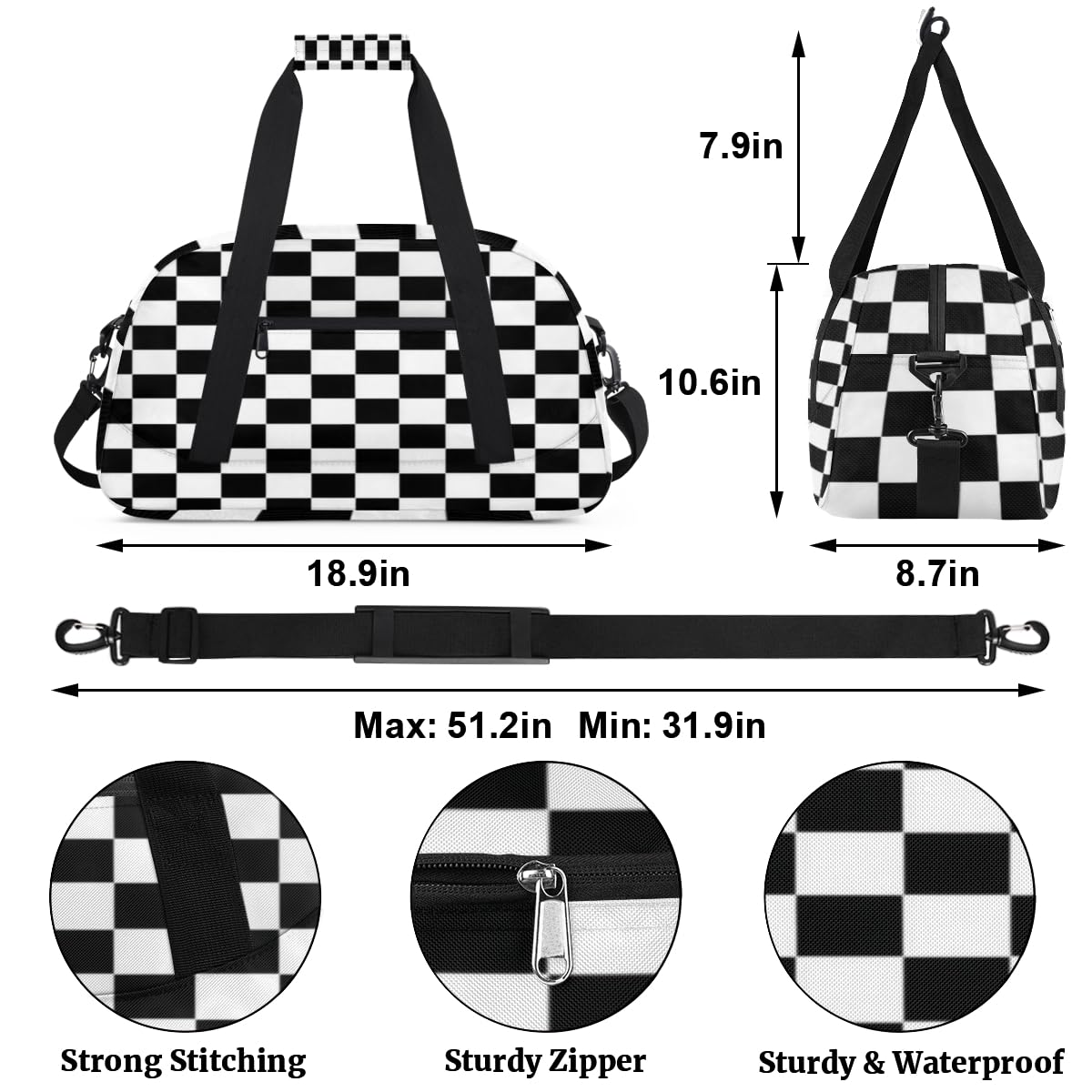 Kids Overnight Duffel Bag - Waterproof Checkered Black Travel & Gym Bag for Boys - Portable Carry-On Weekender for Sleepovers, Sports & Workouts | Perfect for School Trips, Weekend Getaways & Sports Practice