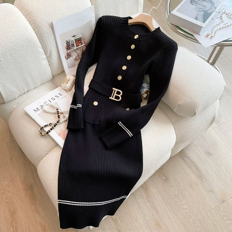 Women's Autumn Winter Knitted Sweater Dress - O Neck Button Down Bodycon with Belt | Fashion Brand Office Wear for Ladies | Perfect for Work, Parties & Holiday Outfits