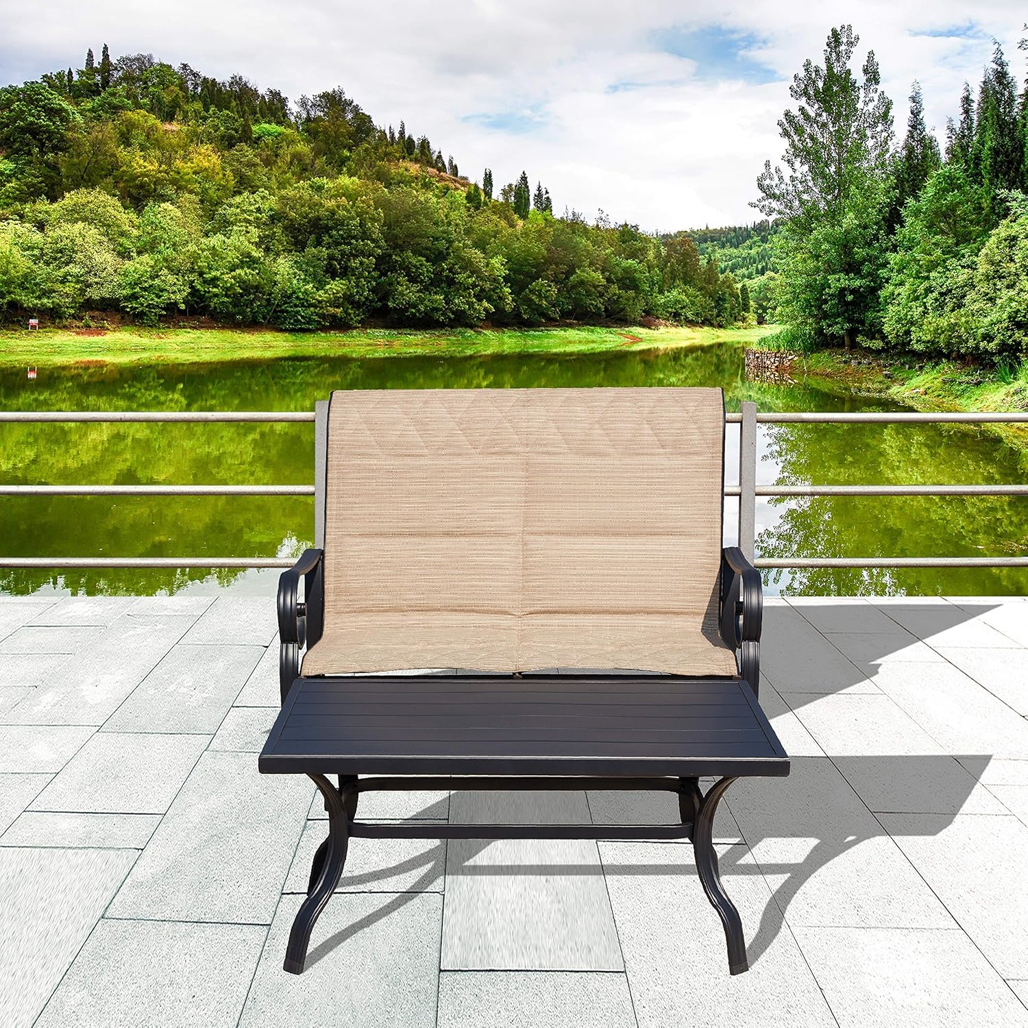 LOKATSE HOME Outdoor Glider Chair Set - 2-Person Rocking Loveseat with Side Table, Weather-Resistant Patio Furniture for Backyard, Garden, Beach & Poolside (Beige) | Perfect for Relaxing, Sunbathing and Outdoor Entertaining