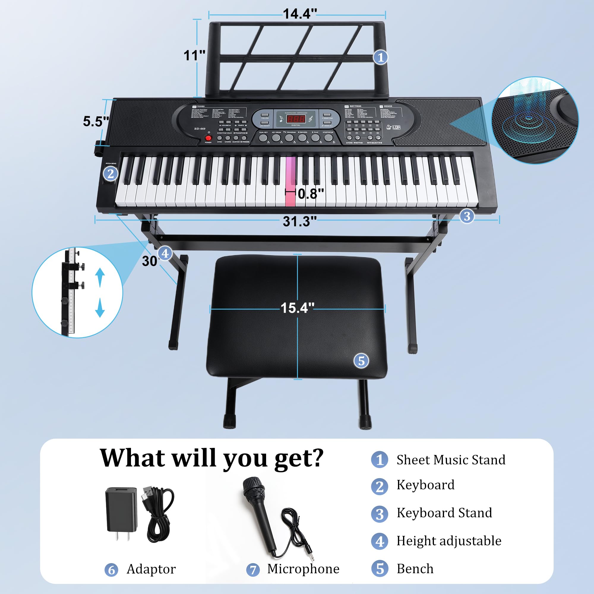 61-Key Electric Digital Piano Keyboard Set with Light-Up Keys, Speakers & Microphone - Foldable Stand & Bench Included - Perfect for Beginners Learning Piano at Home, School or Studio