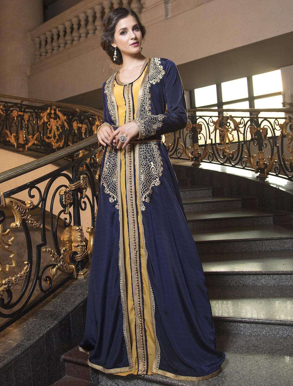 Elegant Dark Blue Designer Party Gown with Intricate Thread Work - Dubai Moroccan Kaftan MYPF1229 for Evening Events, Weddings & Special Occasions