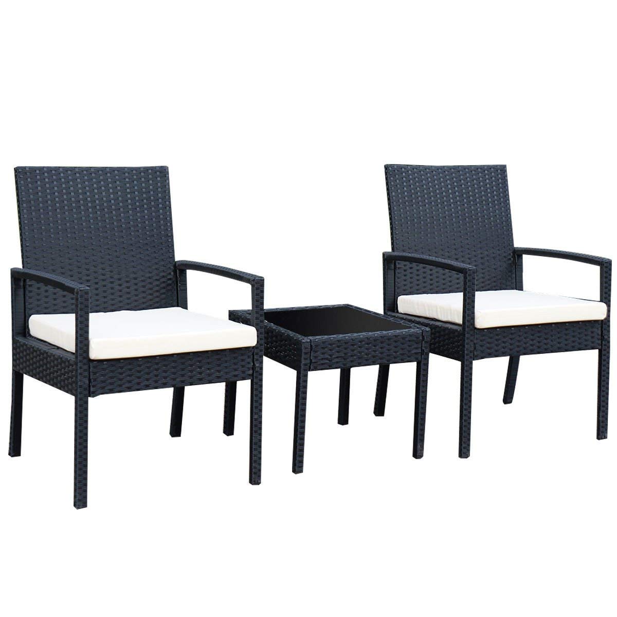 3-Piece Black Wicker Rattan Outdoor Patio Furniture Set with 2 Cushioned Chairs & End Table - Perfect for Garden, Balcony, and Backyard Relaxation