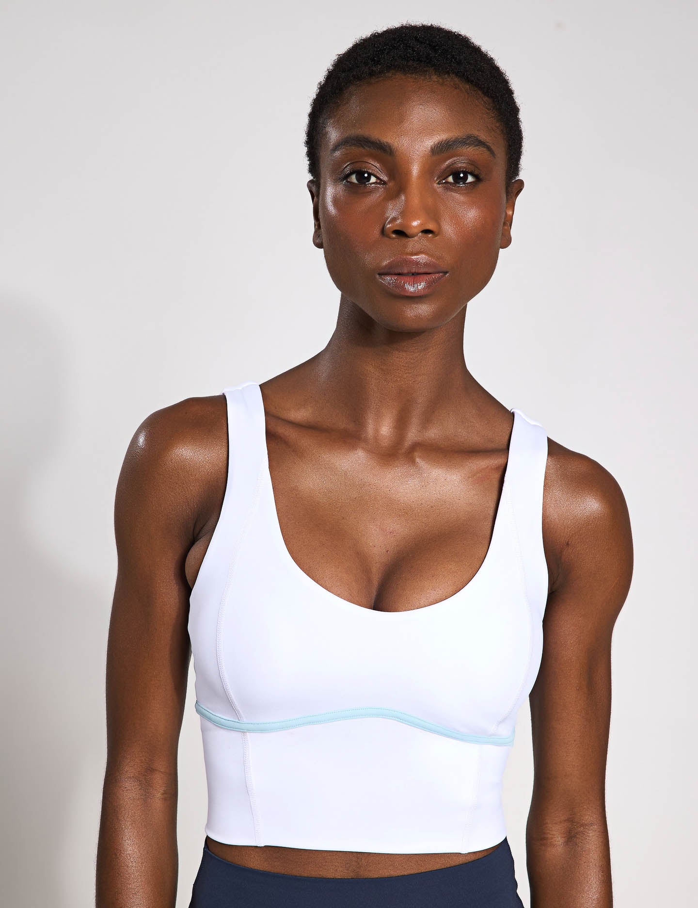 Ava Sports Bra for Women - High Support Workout Top - Breathable & Moisture Wicking - White/Light Blue - Perfect for Yoga, Running & Gym Fitness