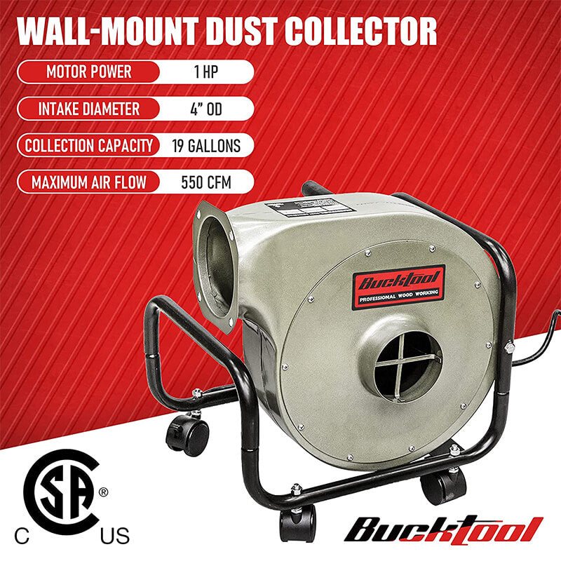 BUCKTOOL 1HP 6.5AMP Wall Mount Dust Collector - Powerful Workshop Air Filtration System for Woodworking, Metalworking, and DIY Projects