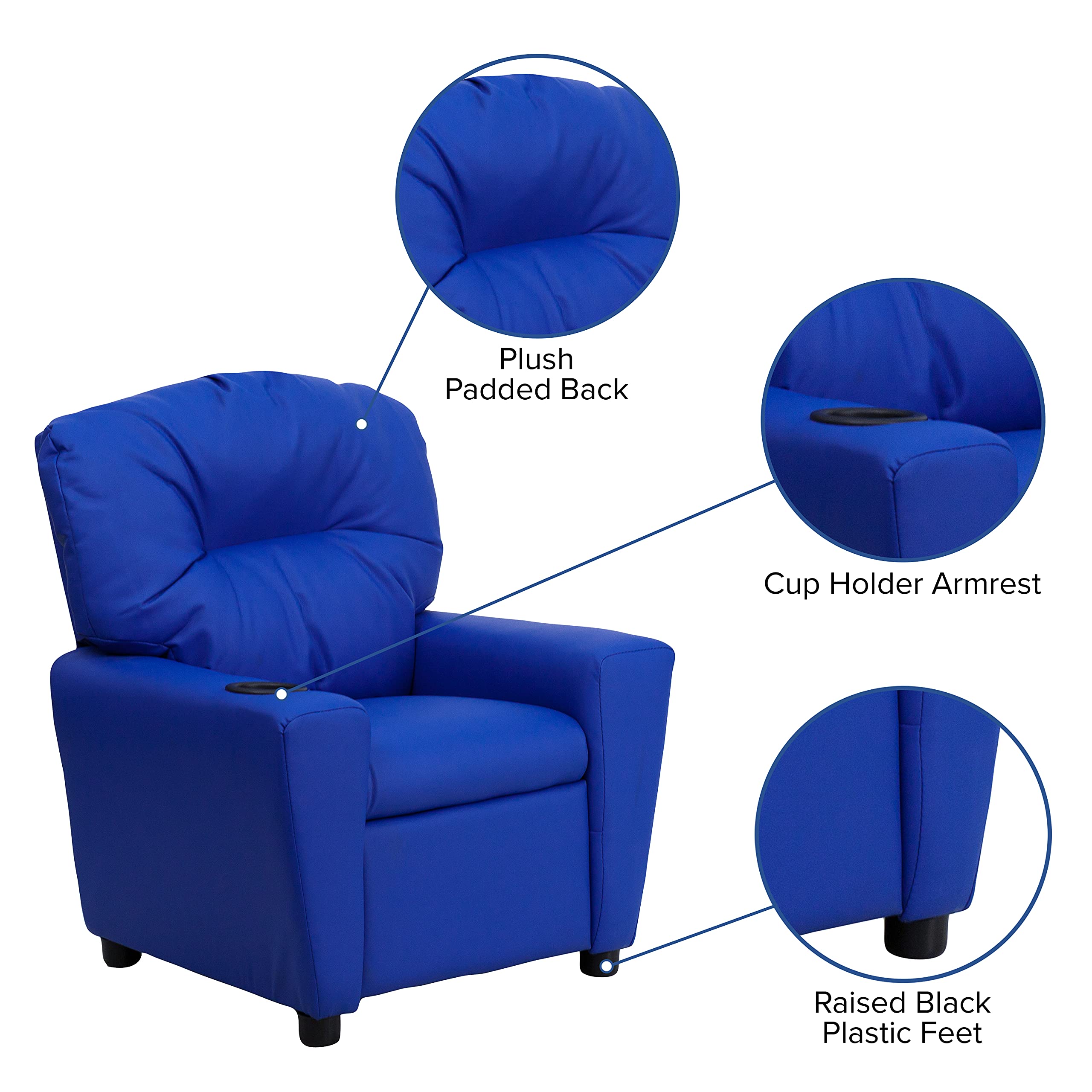 Emma & Oliver Blue Vinyl Kids Recliner Chair with Cup Holder - Comfortable Children's Lounge Chair for Playroom, Bedroom or TV Time