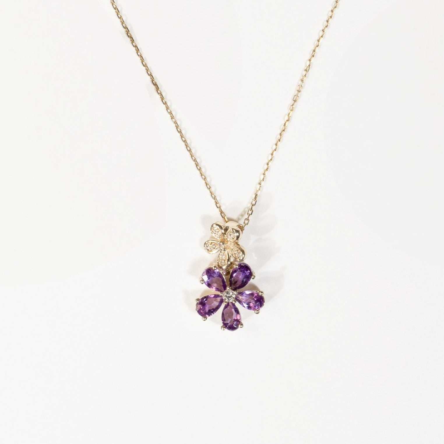 10k Yellow Gold Amethyst & White Sapphire Double Flower Drop Pendant Necklace - Elegant Jewelry Gift for Women, Perfect for Weddings, Anniversaries & Special Occasions