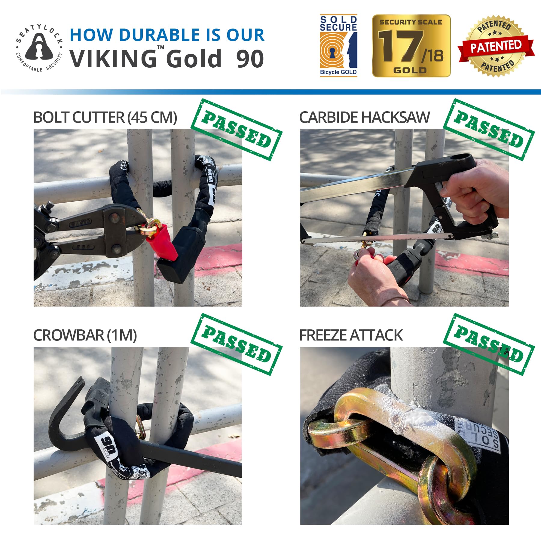 Seatylock Viking Heavy Duty Bike Lock Chain with Key - Patented Motorcycle & Bicycle Anti-Theft Lock Sold Secure Gold Certified - 35.4 Inch Ultra Secure Bicycle Chain Lock for Maximum Protection - Ideal for Urban Commuting, Bike Parking & Outdoor Adventures