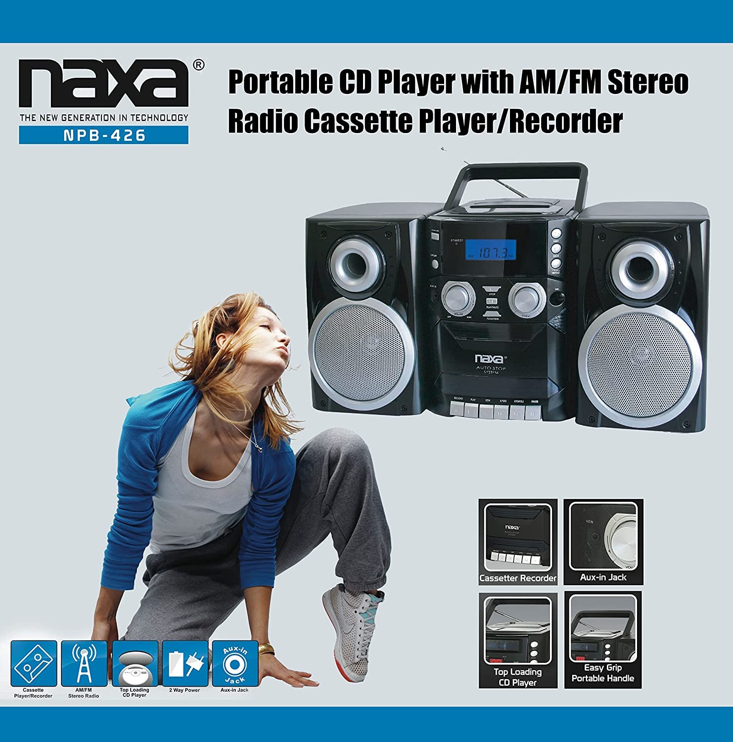 Naxa Electronics NPB-426A Portable CD Player with AM/FM Stereo Radio, Cassette Player/Recorder & Detachable Speakers - Black | Perfect for Home, Office & Travel Entertainment