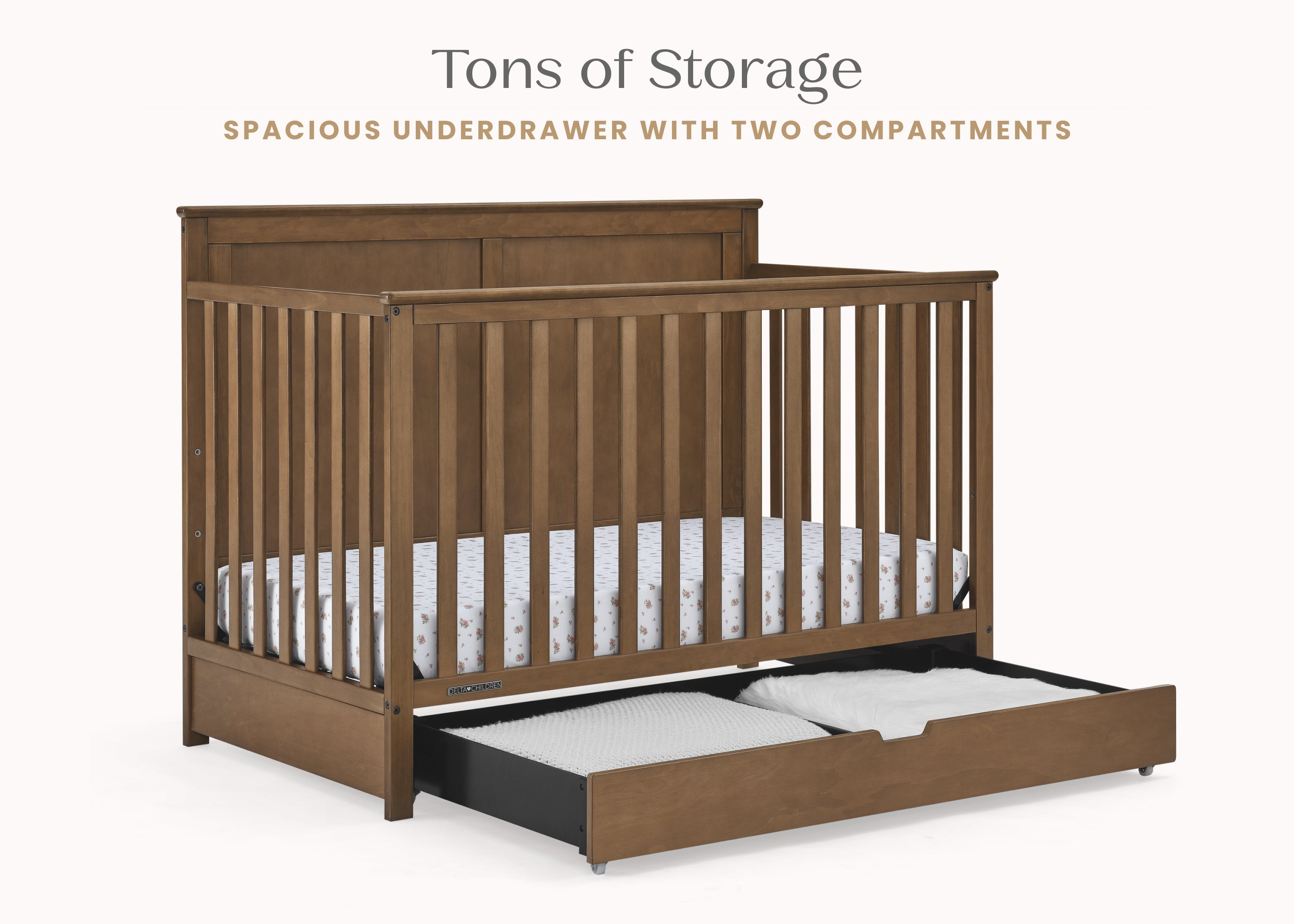 Logan 6-in-1 Convertible Baby Crib with Underdrawer Storage - White Nursery Furniture for Newborn to Toddler Bed | Perfect for Small Spaces & Modern Nurseries