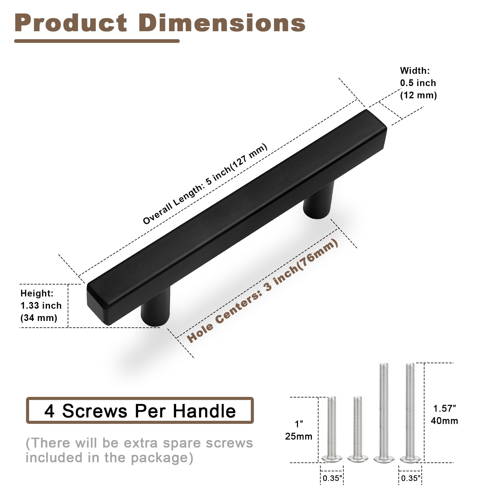 30 Pack 3 Inch Matte Black Cabinet Handles - Stainless Steel Square Drawer Pulls for Kitchen Cabinets, Dressers & Cupboards - 76mm Hole Centers, 5