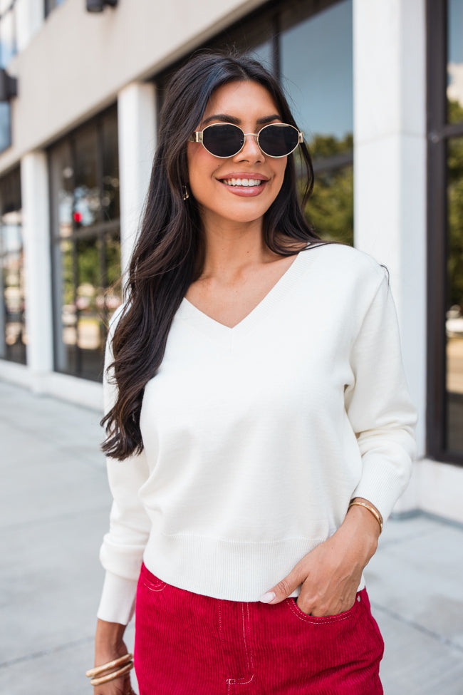 Honest Ivory V-Neck Sweater for Women - Soft & Cozy Knit Pullover - Perfect for Fall & Winter Layering