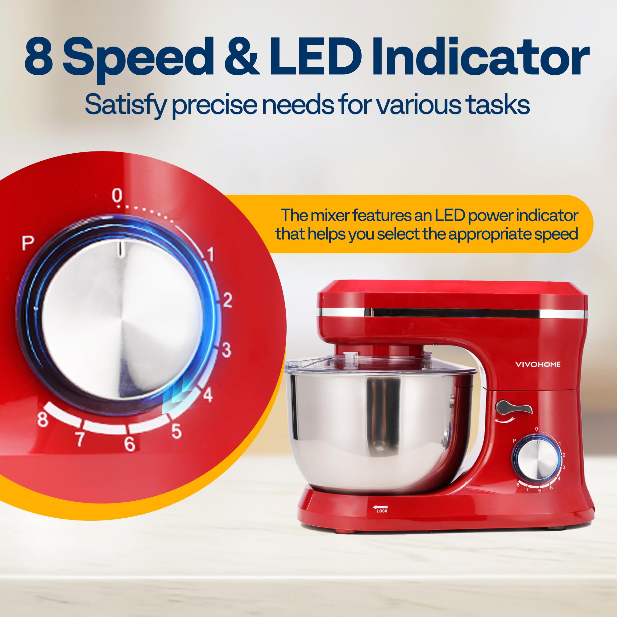 VIVOHOME 4.75 Quart Stand Mixer - 8 Speed Electric Kitchen Mixer with Beater, Dough Hook & Wire Whip for Baking Cakes, Bread, Cookies | Includes Egg Separator | Perfect for Home Bakers & Professional Chefs (Red)