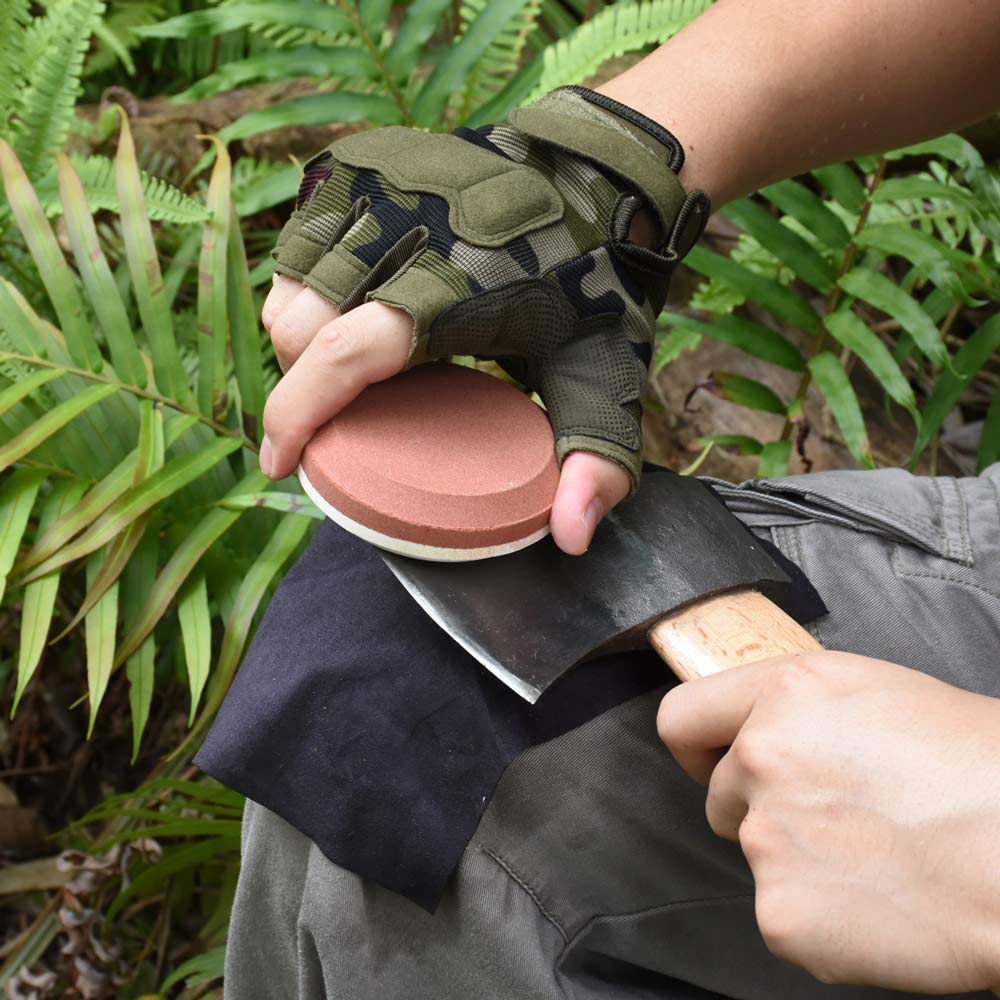 NedFoss Dual Grit Axe Sharpener Tool with Leather Sheath - Multi-Purpose Whetstone for Hatchets, Knives & Tools - 2-Sided Sharpening Puck (Red) - Perfect for Camping, Hunting & Outdoor Survival Gear