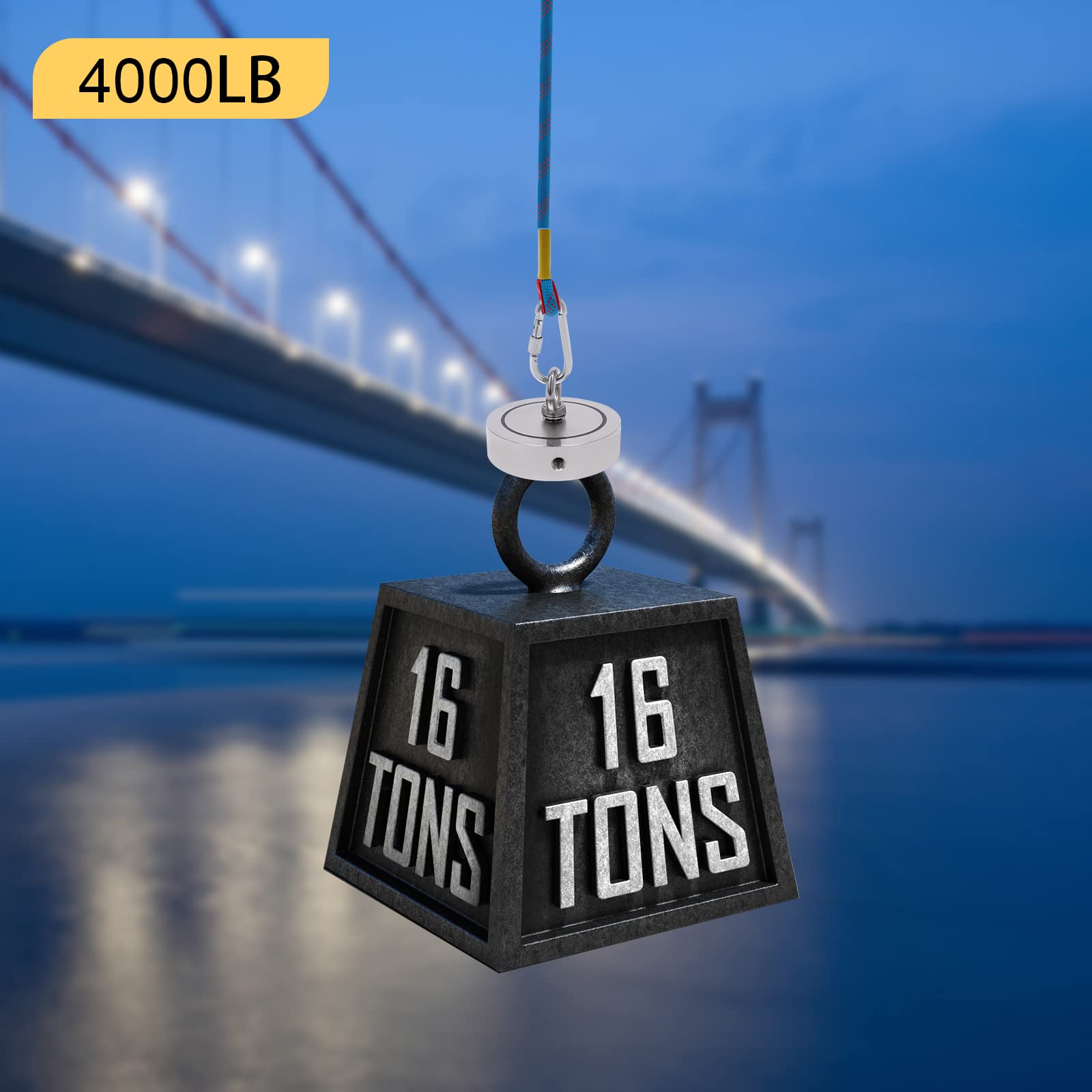 4000 lb Heavy Duty Double Sided Fishing Magnet Kit with 100ft High Strength Nylon Rope, Carabiner & Non-Slip Gloves - Perfect for Underwater Treasure Hunting, Metal Detecting and River Cleanup