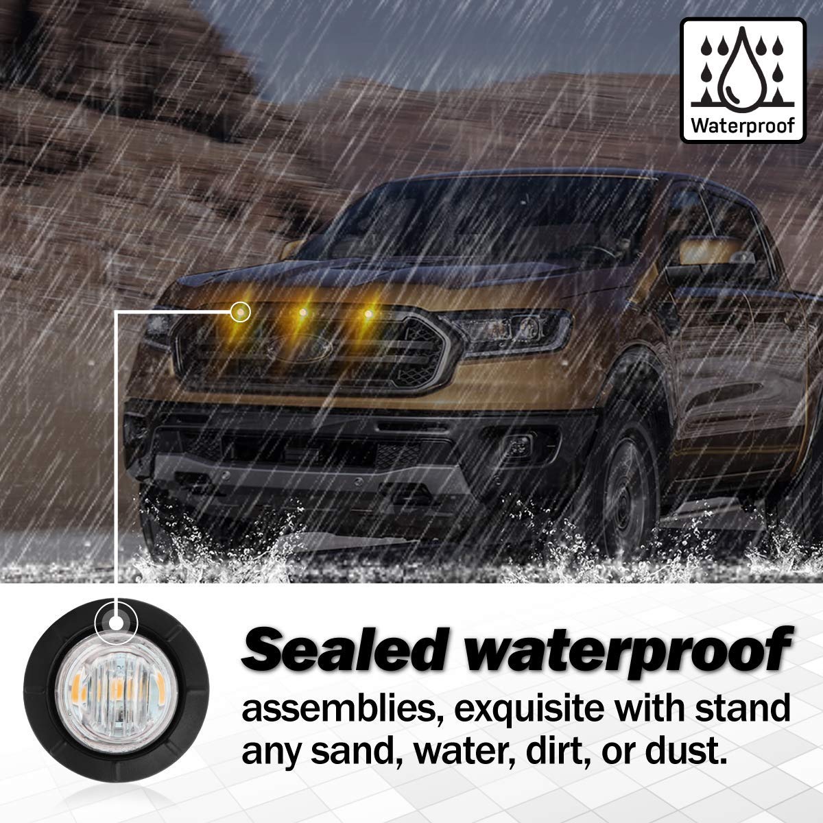 Meerkatt 3/4 Inch Round Mini Side Marker Clearance Lamp - Sealed SMD LED Indicator Lights with Plug (12VDC Waterproof, Clear Lens/Amber Light) - Pack of 100 for Trailers, Trucks, Pickups & ATVs - Perfect for Nighttime Visibility & Safety Lighting