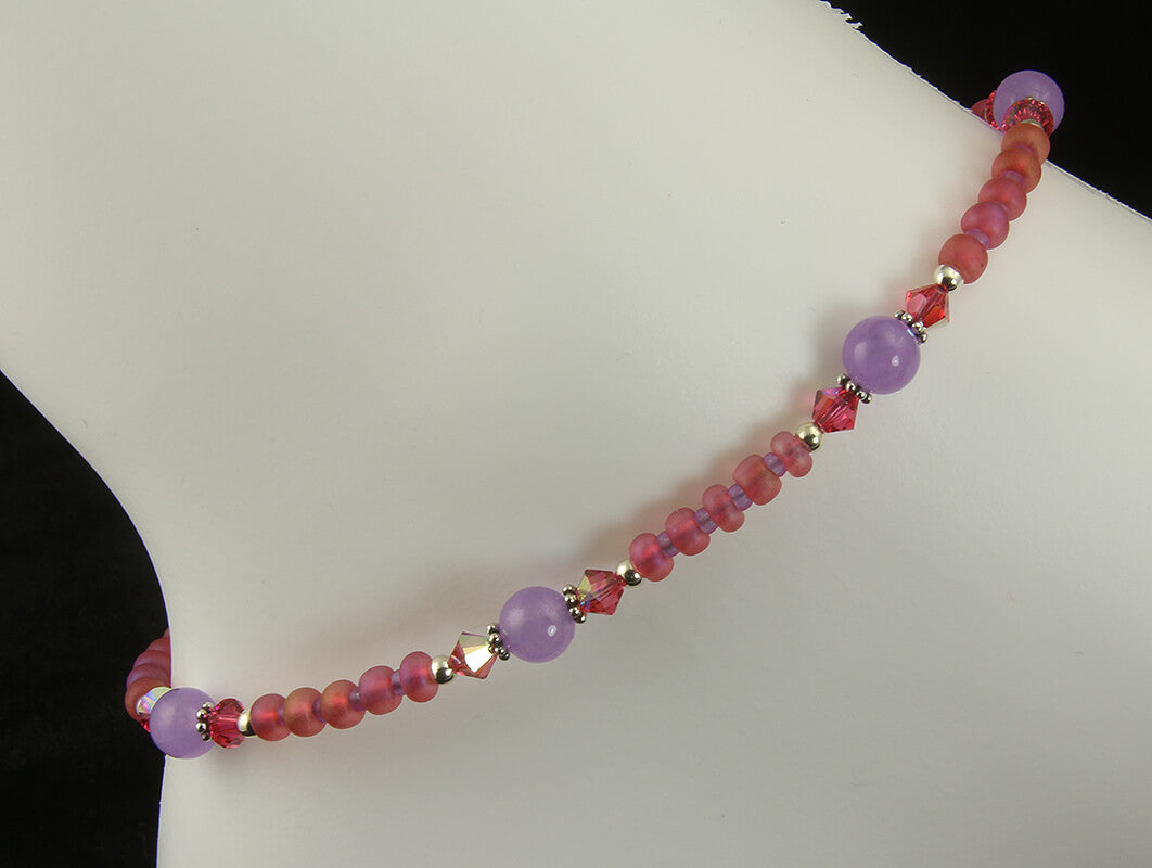 Natural Coral Lavender Jade Gemstone Anklet Bracelet - Elegant Handmade Adjustable Ankle Jewelry for Women, Boho Chic Beachwear & Summer Festival Accessories