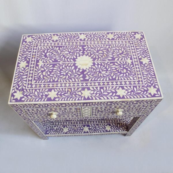 Handmade Bone Inlay Nightstand - Lavender Floral Design 2-Drawer Bedside Table for Bedroom Decor & Storage