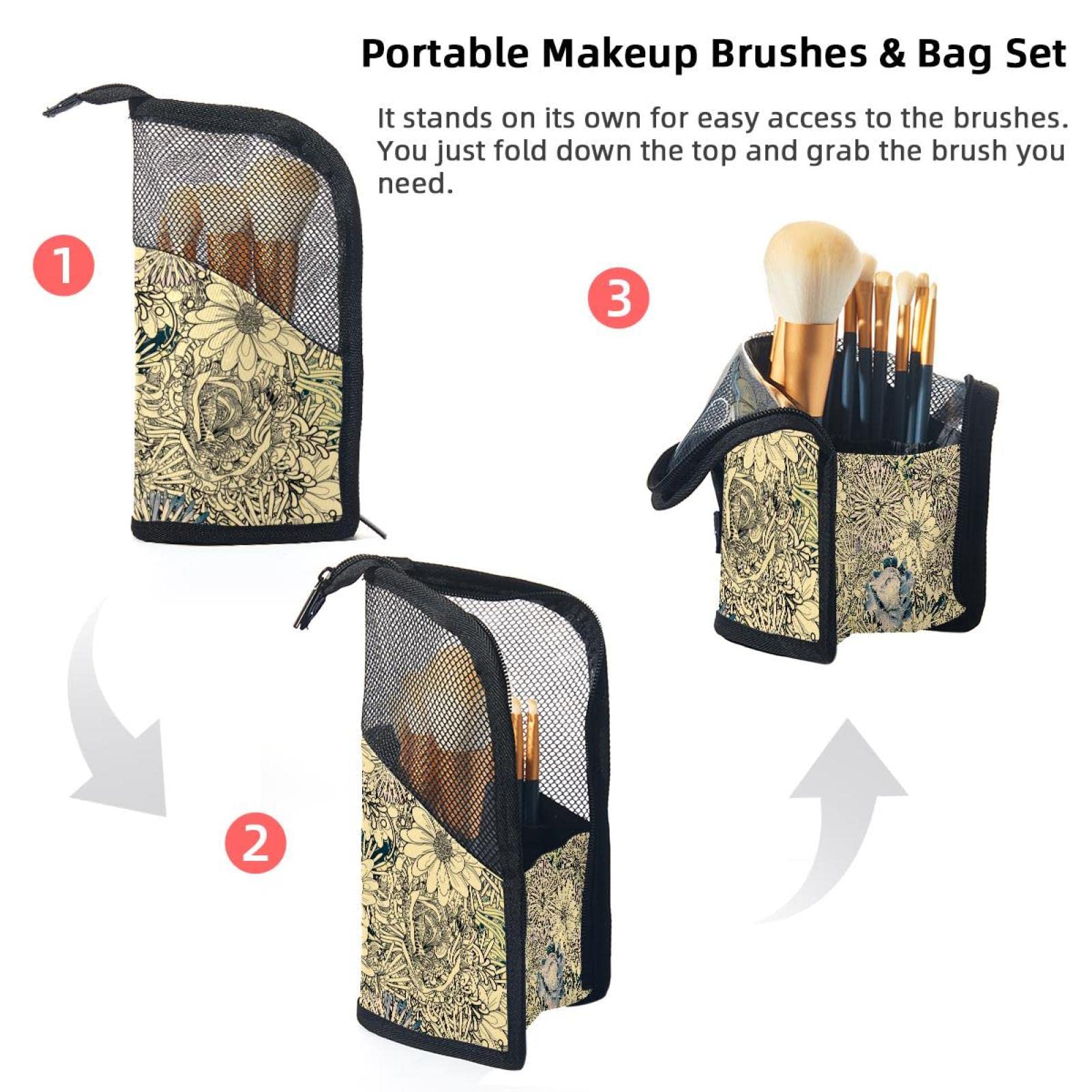12-Piece Makeup Brush Organizer Bag with Yellow Hand-Painted Flowers - Portable Travel Cosmetic Brush Holder Set for Professional & Home Makeup Artists