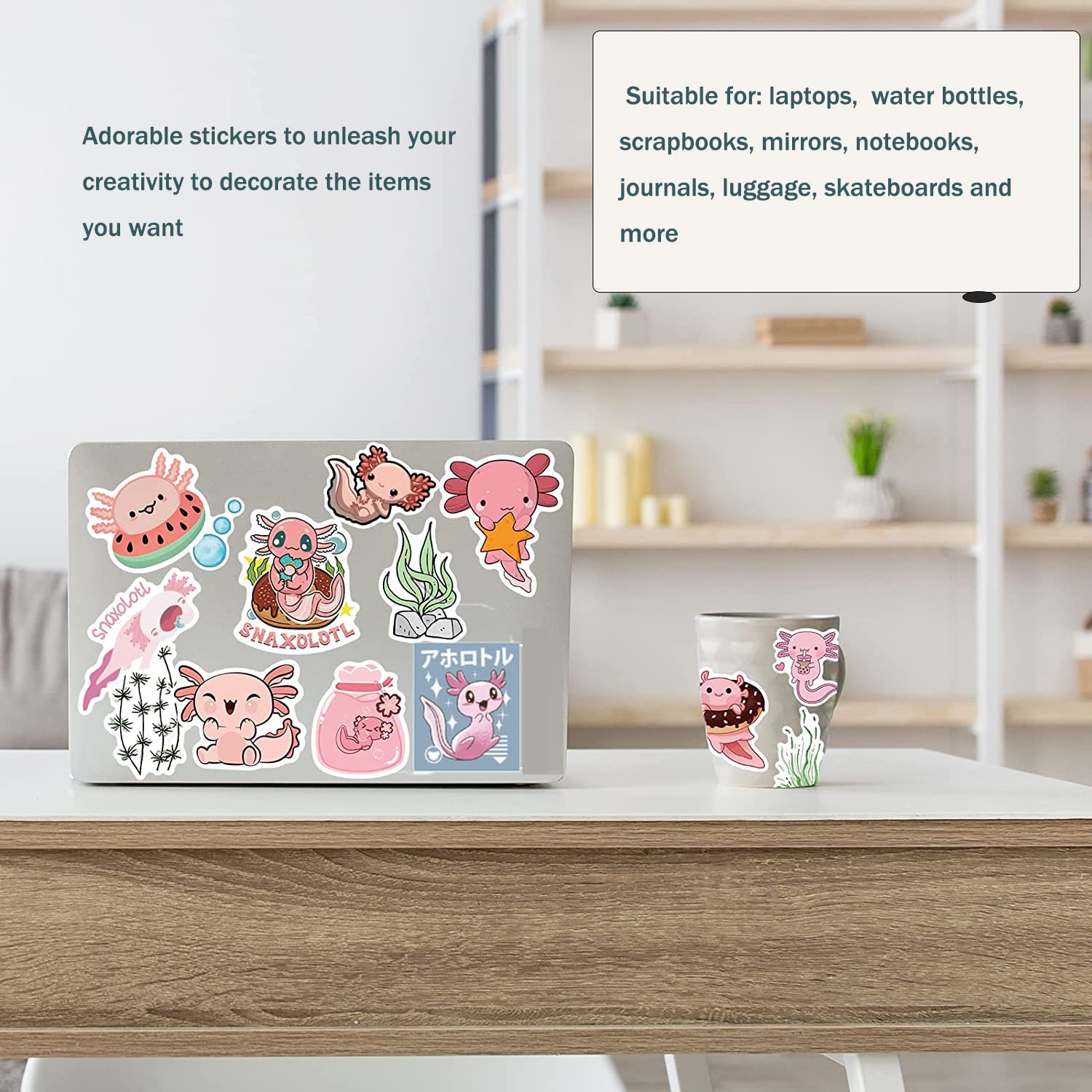 50Pcs Cute Axolotl Stickers - Kawaii Animal Decals for Laptop, Water Bottle, Phone & Skateboard - Trendy Sticker Pack Gift for Kids, Girls & Teens - Perfect for School Supplies, DIY Crafts & Personalizing Accessories