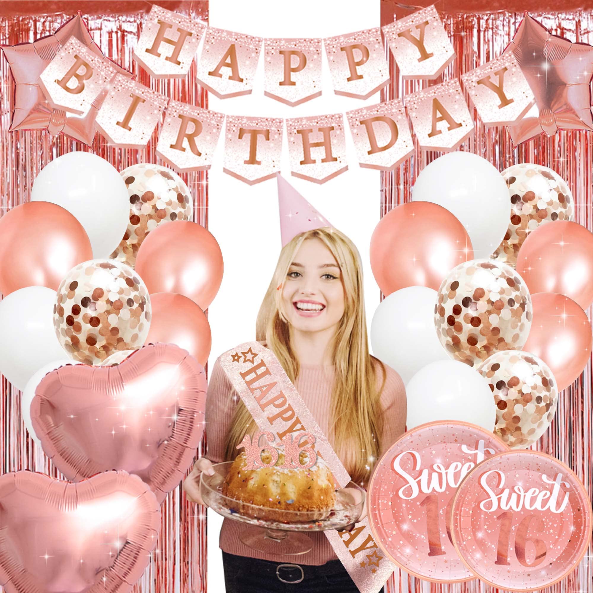 Sweet 16 Birthday Party Decorations for Girls - Rose Gold Banner, Happy Birthday Balloons & Party Supplies | 16th Birthday Celebration Decor for Teens, Quinceañera, Milestone Parties